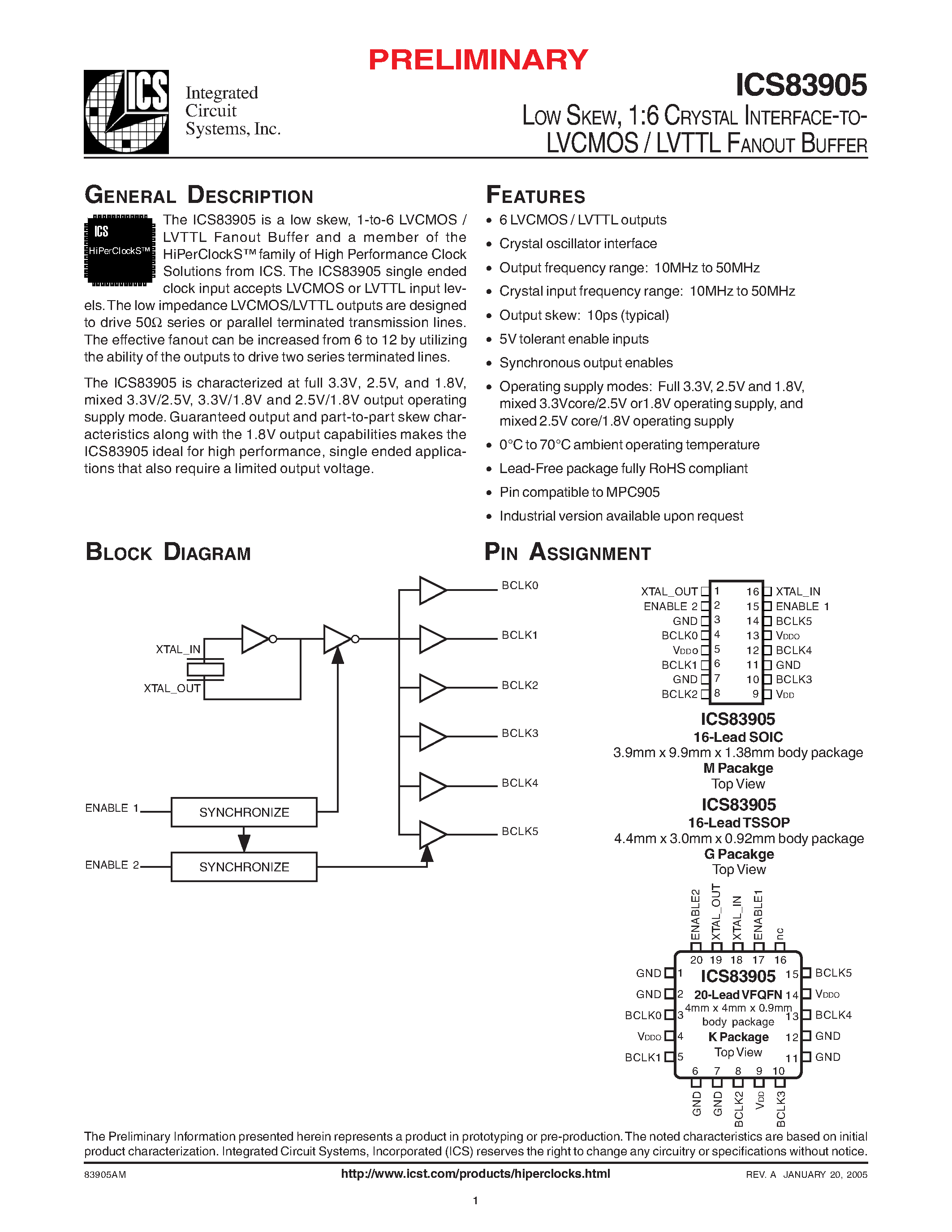Datasheet ICS83905AGT - LOW SKEW/ 1:6 CRYSTAL INTERFACE-TOLVCMOS / LVTTL FANOUT BUFFER page 1