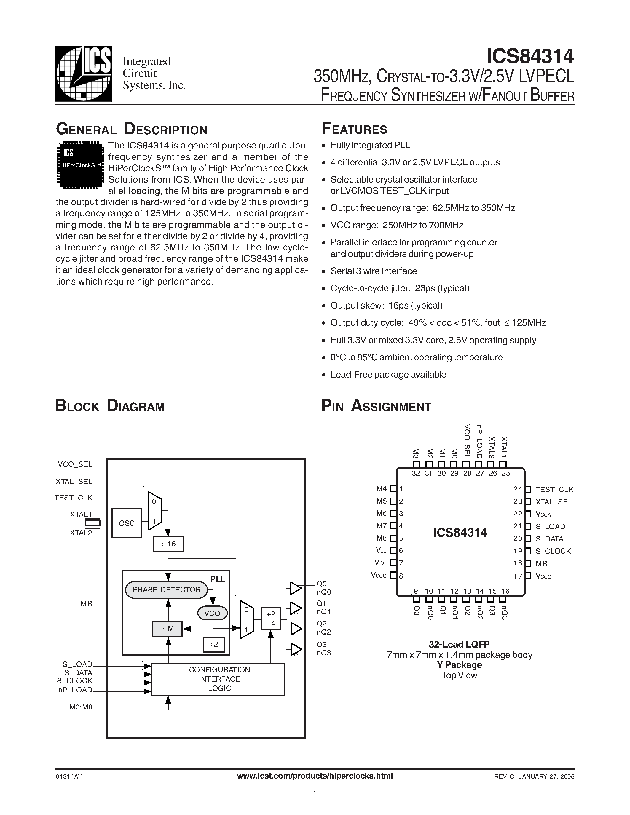 Datasheet ICS84314AYT - 350MHZ/ CRYSTAL-TO-3.3V/2.5V LVPECL FREQUENCY SYNTHESIZER W/FANOUT BUFFER page 1