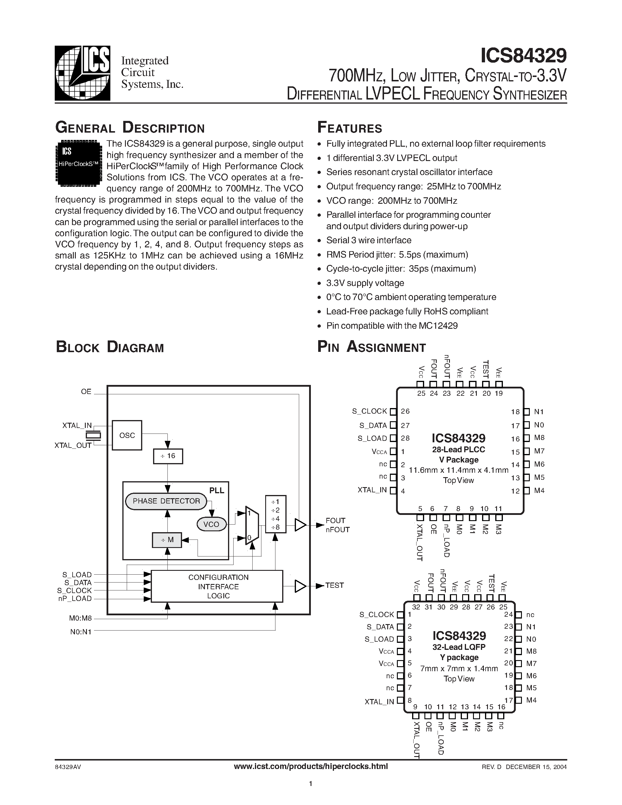 Даташит ICS84329AYT - 700MHZ/ LOW JITTER/ CRYSTAL-TO-3.3V DIFFERENTIAL LVPECL FREQUENCY SYNTHESIZER страница 1