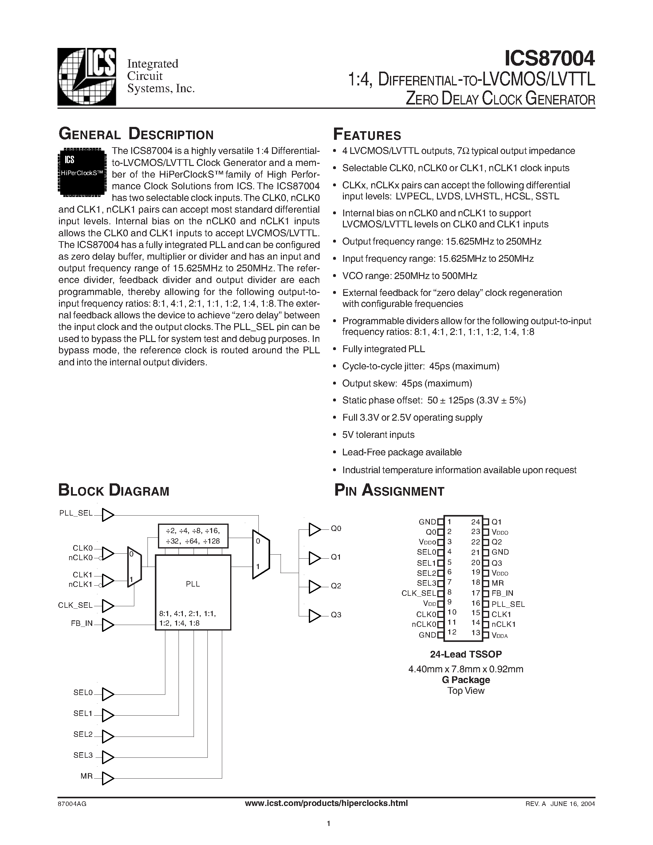 Даташит ICS87004AGT - 1:4/ DIFFERENTIAL-TO-LVCMOS/LVTTL ZERO DELAY CLOCK GENERATOR страница 1