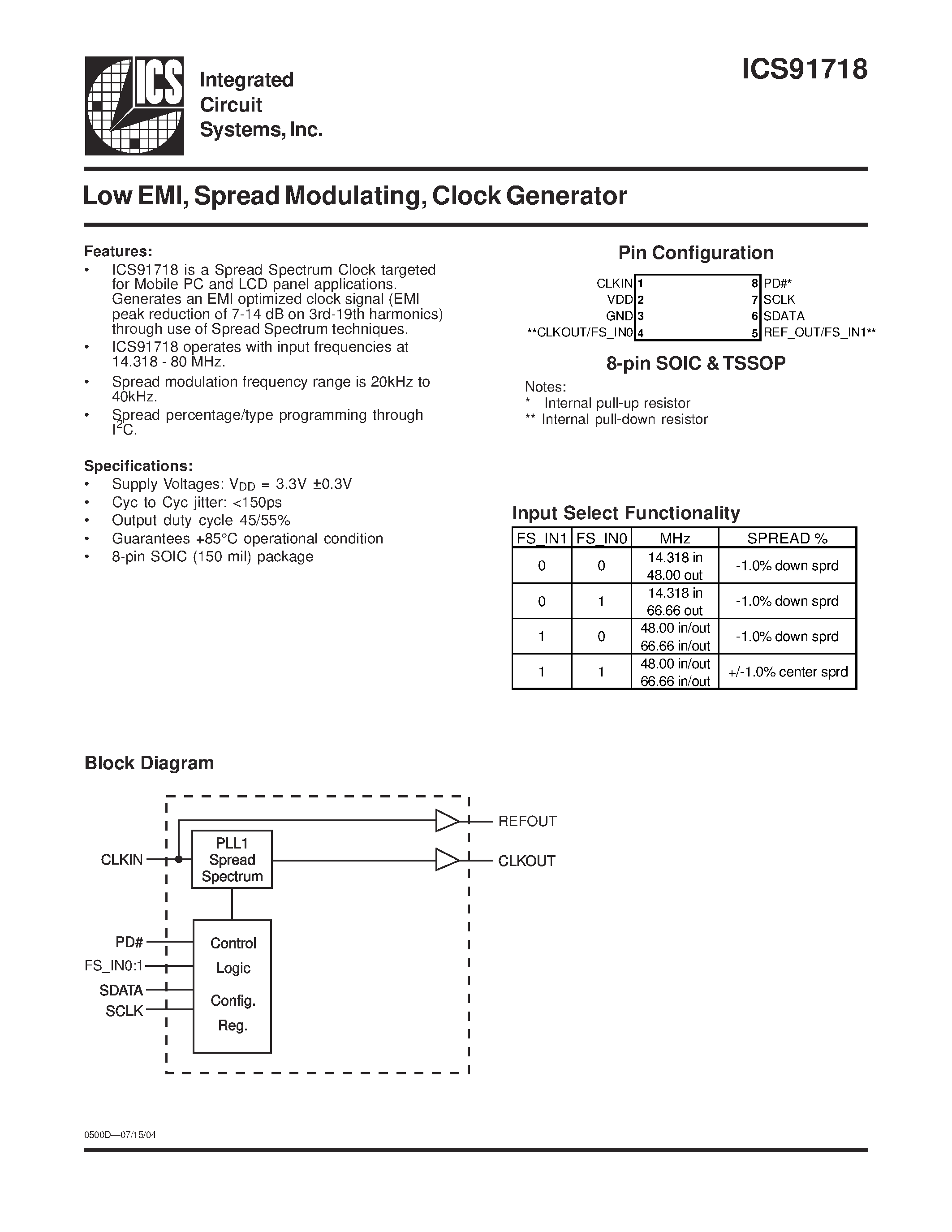 Datasheet ICS91718YGLF-T page 1 Datasheet ICS91718YGLF-T - Low EMI/ Spread Modulating/ Clock Generator page 1