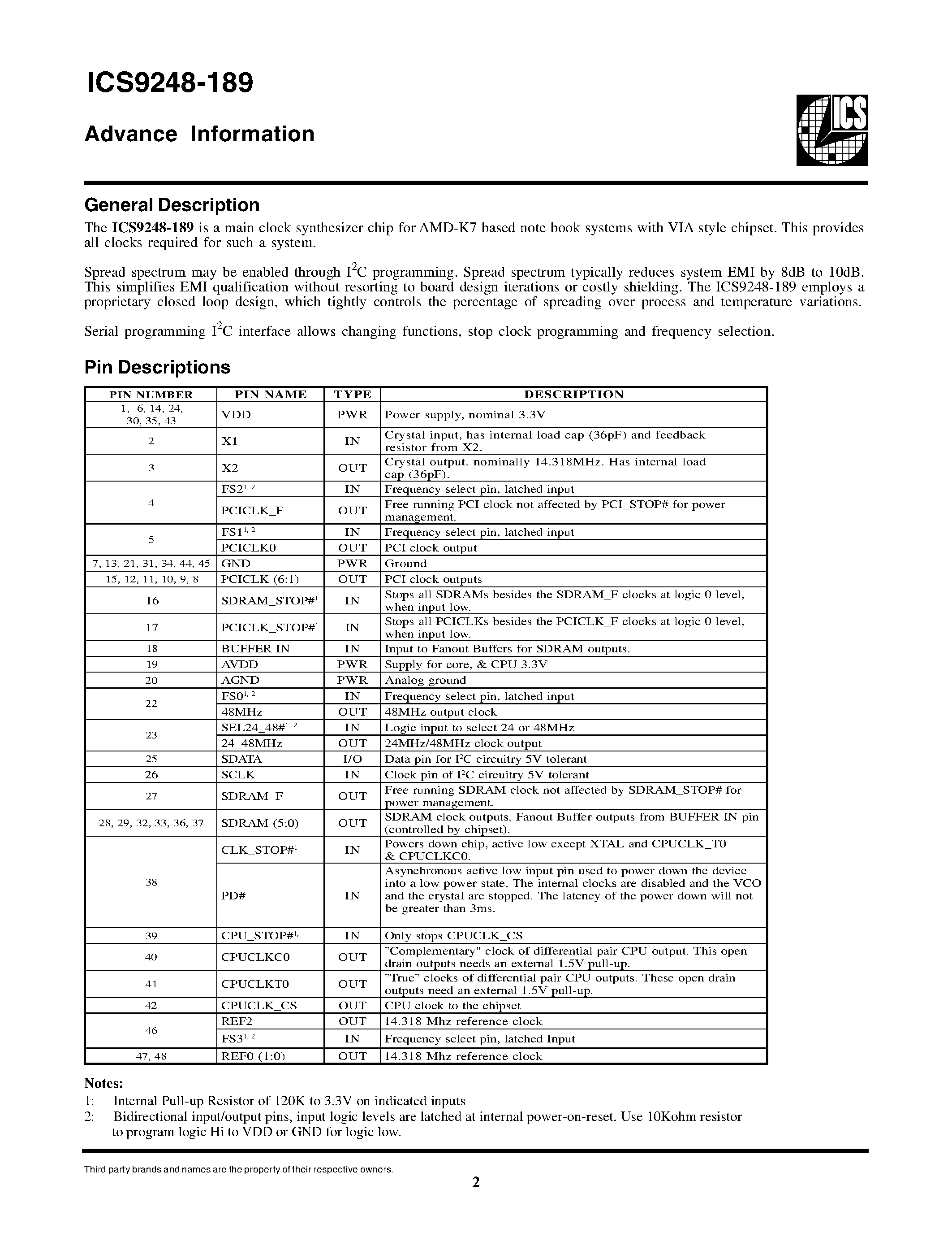 Datasheet ICS9248YF-189-T page 2 Datasheet ICS9248YF-189-T - AMD - K7 page 2