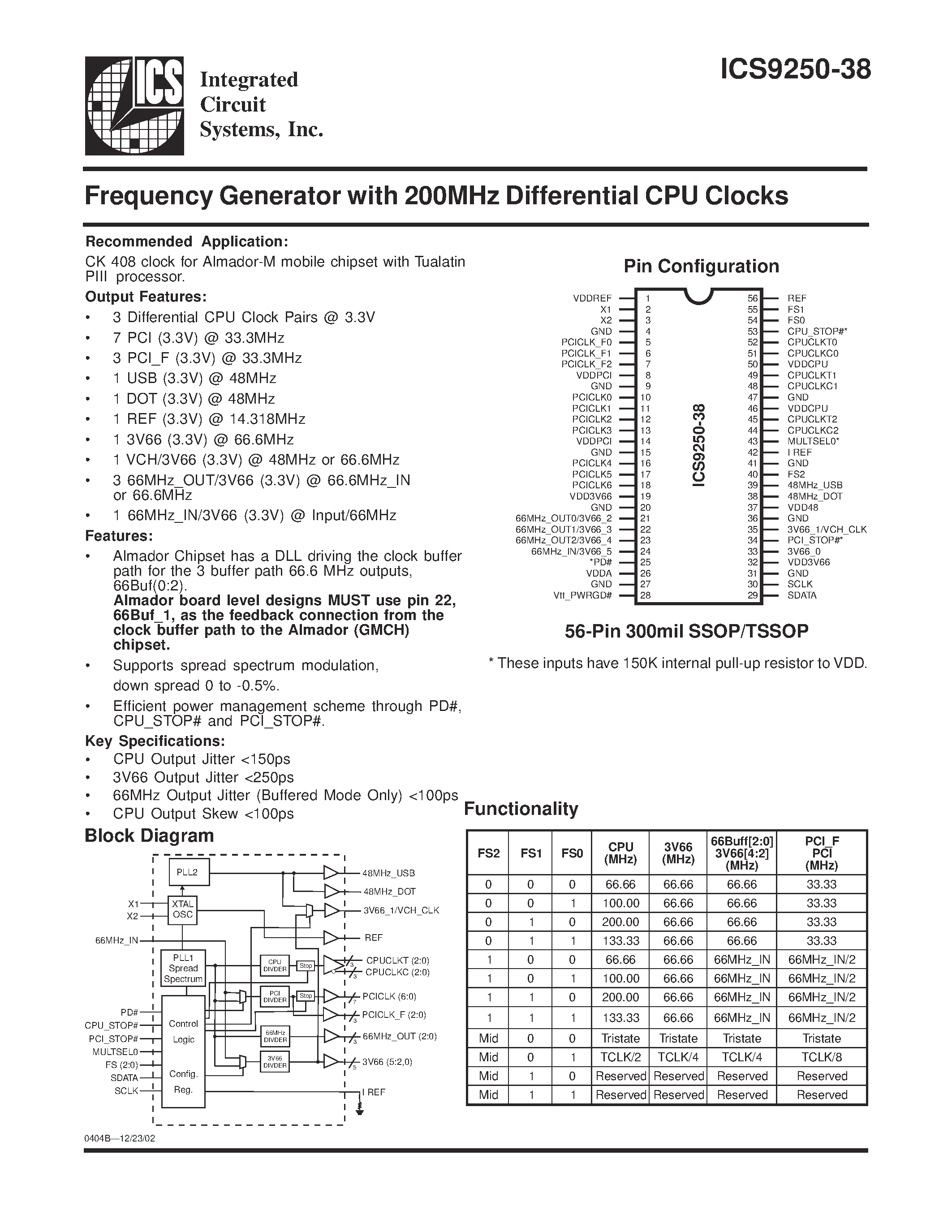 Datasheet ICS9250YG-38-T page 1 Datasheet ICS9250YG-38-T - Frequency Generator with 200MHz Differential CPU Clocks page 1