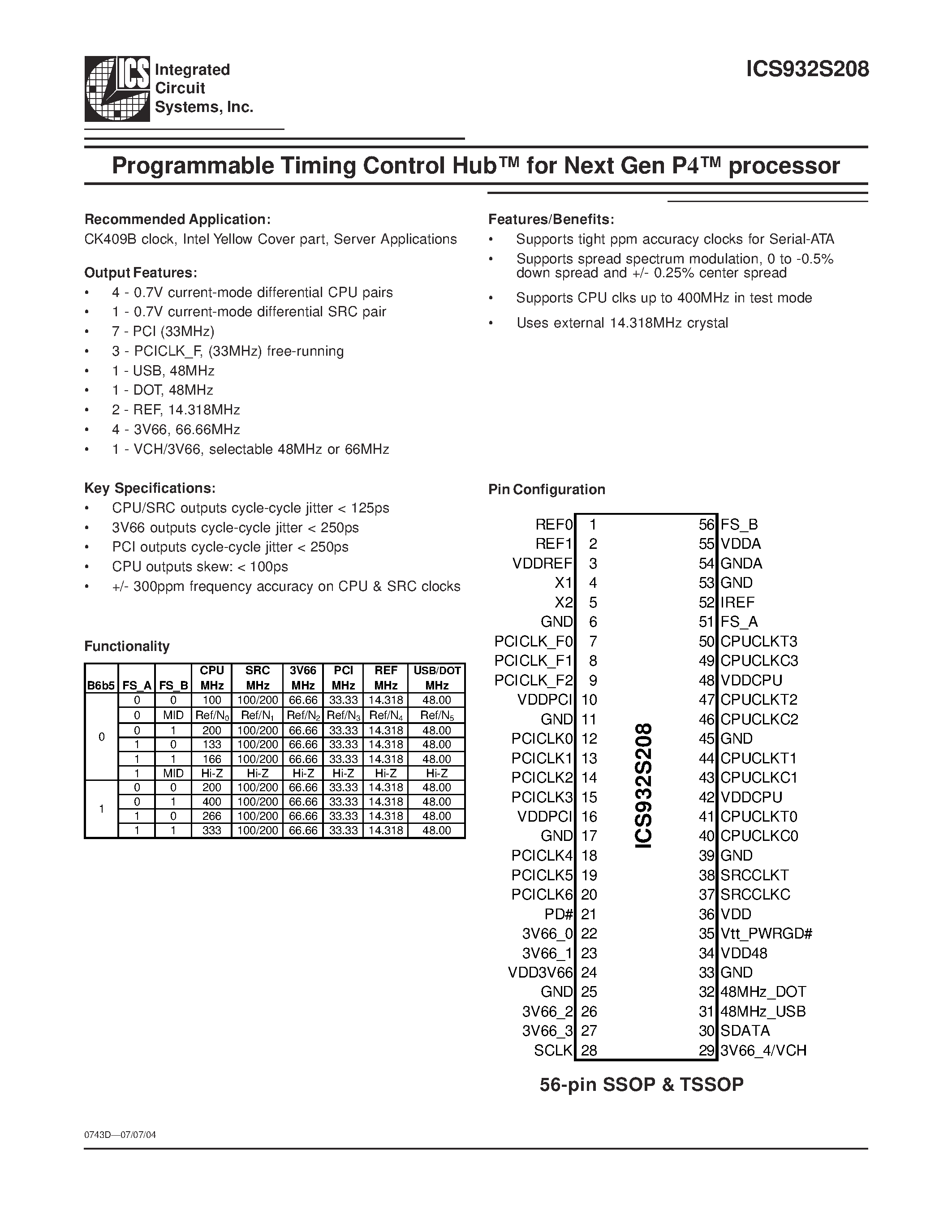 Datasheet ICS932S208YFLF-T page 1 Datasheet ICS932S208YFLF-T - Programmable Timing Control Hub page 1
