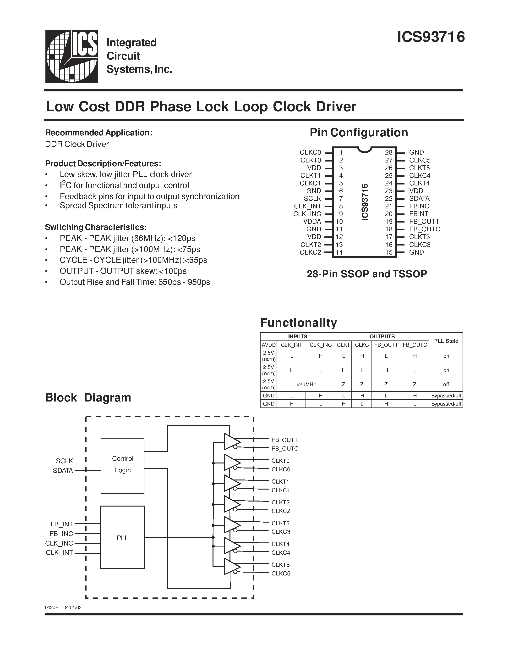 Datasheet ICS93716YG-T page 1 Datasheet ICS93716YG-T - Low Cost DDR Phase Lock Loop Clock Driver page 1