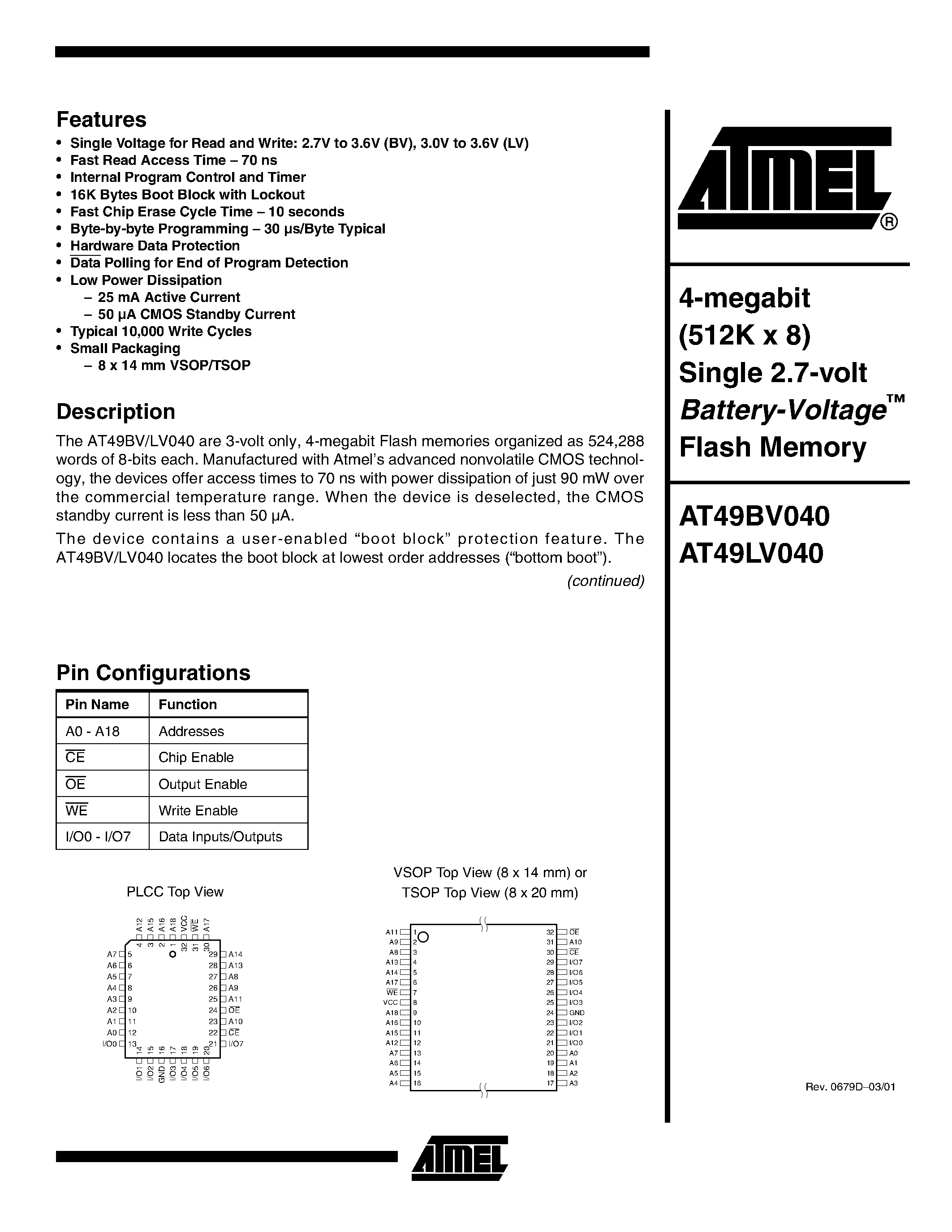 Даташит AT49LV040-70JC - 4-megabit (512K x 8) Single 2.7-volt Battery-Voltage Flash Memory страница 1