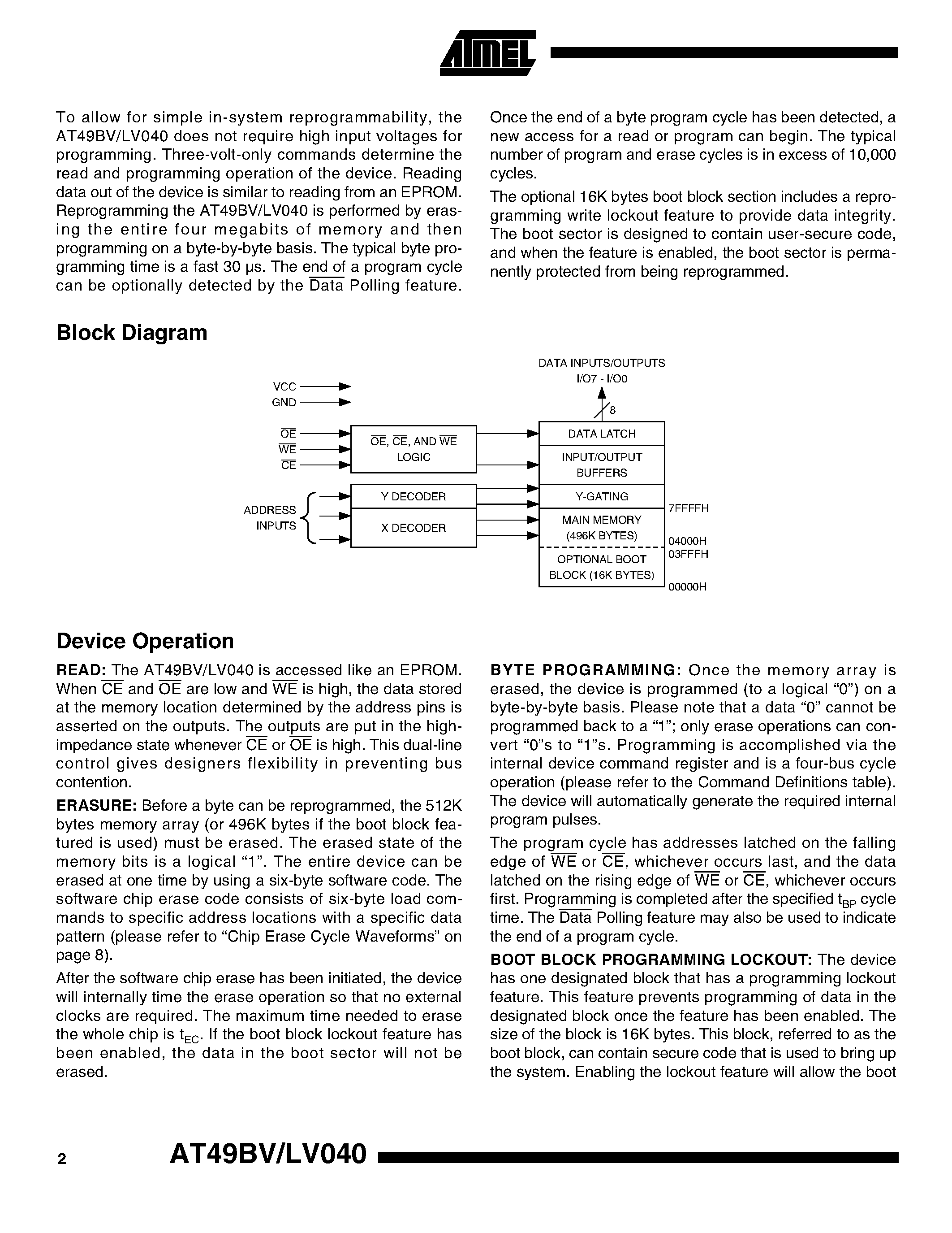 Datasheet AT49LV040-90TC - 4-megabit (512K x 8) Single 2.7-volt Battery-Voltage Flash Memory page 2