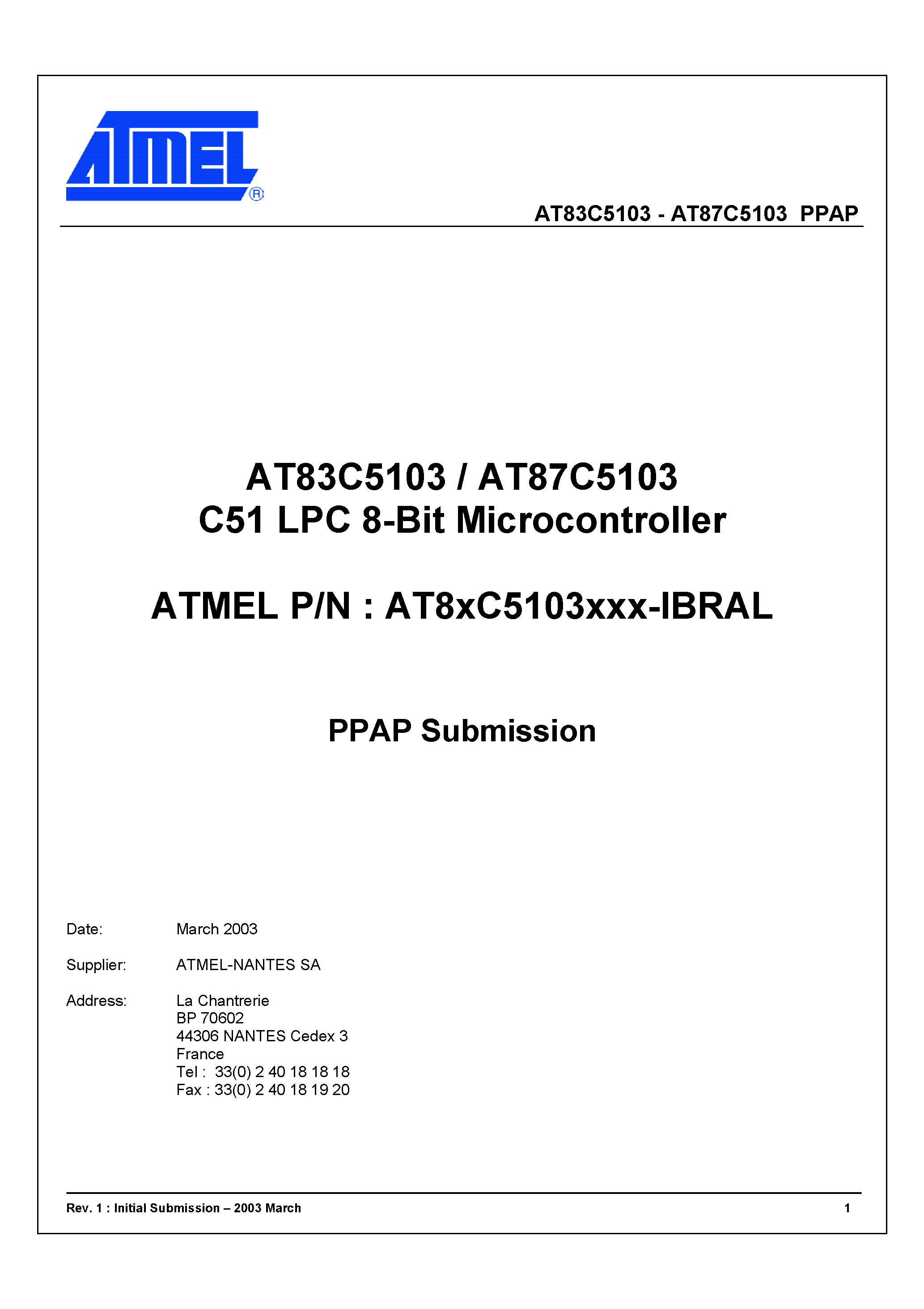 Datasheet AT87C5103 - C51 LPC 8-Bit Microcontroller page 1