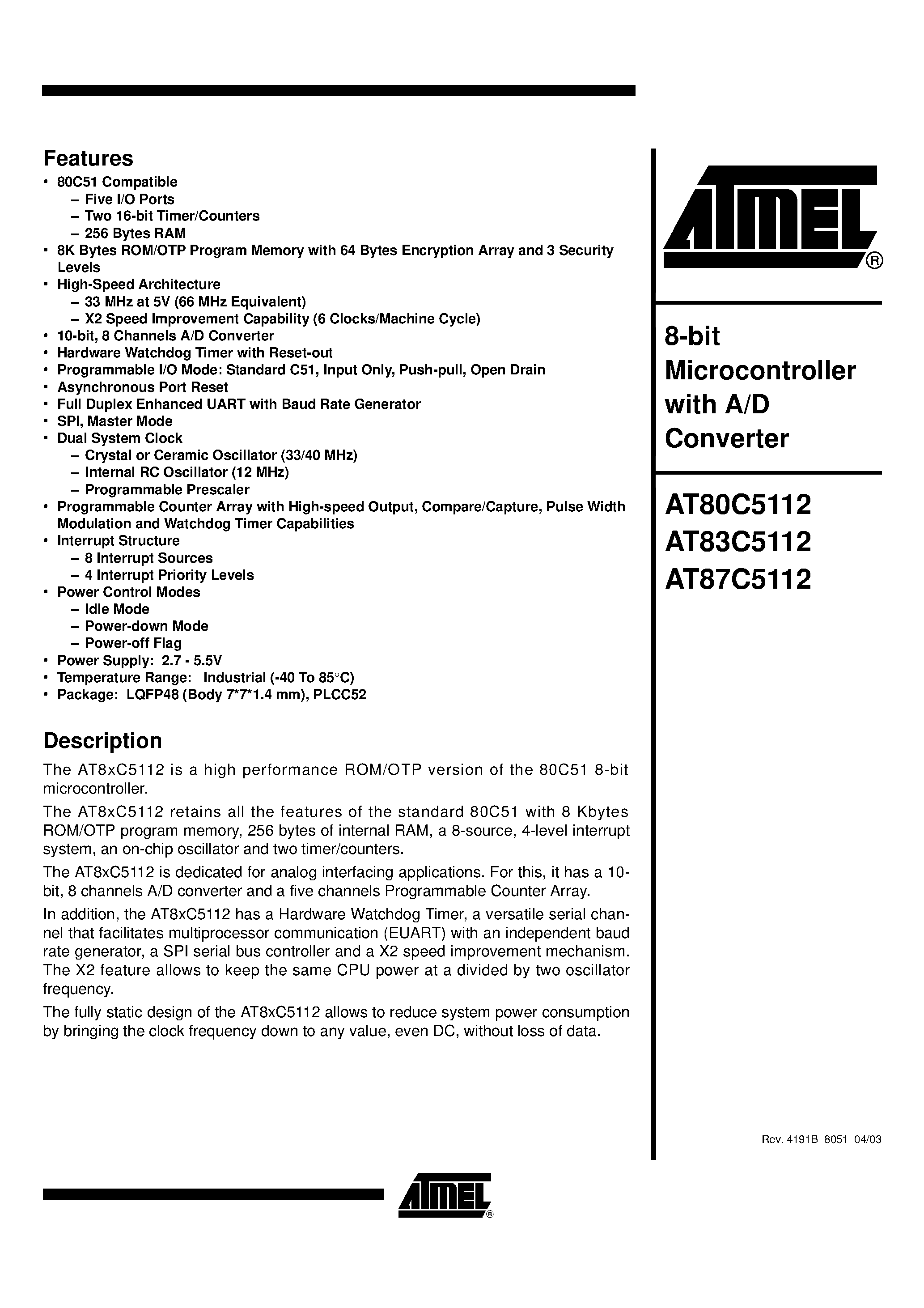 Datasheet AT87C5112 - 8-bit Microcontroller with A/D Converter page 1