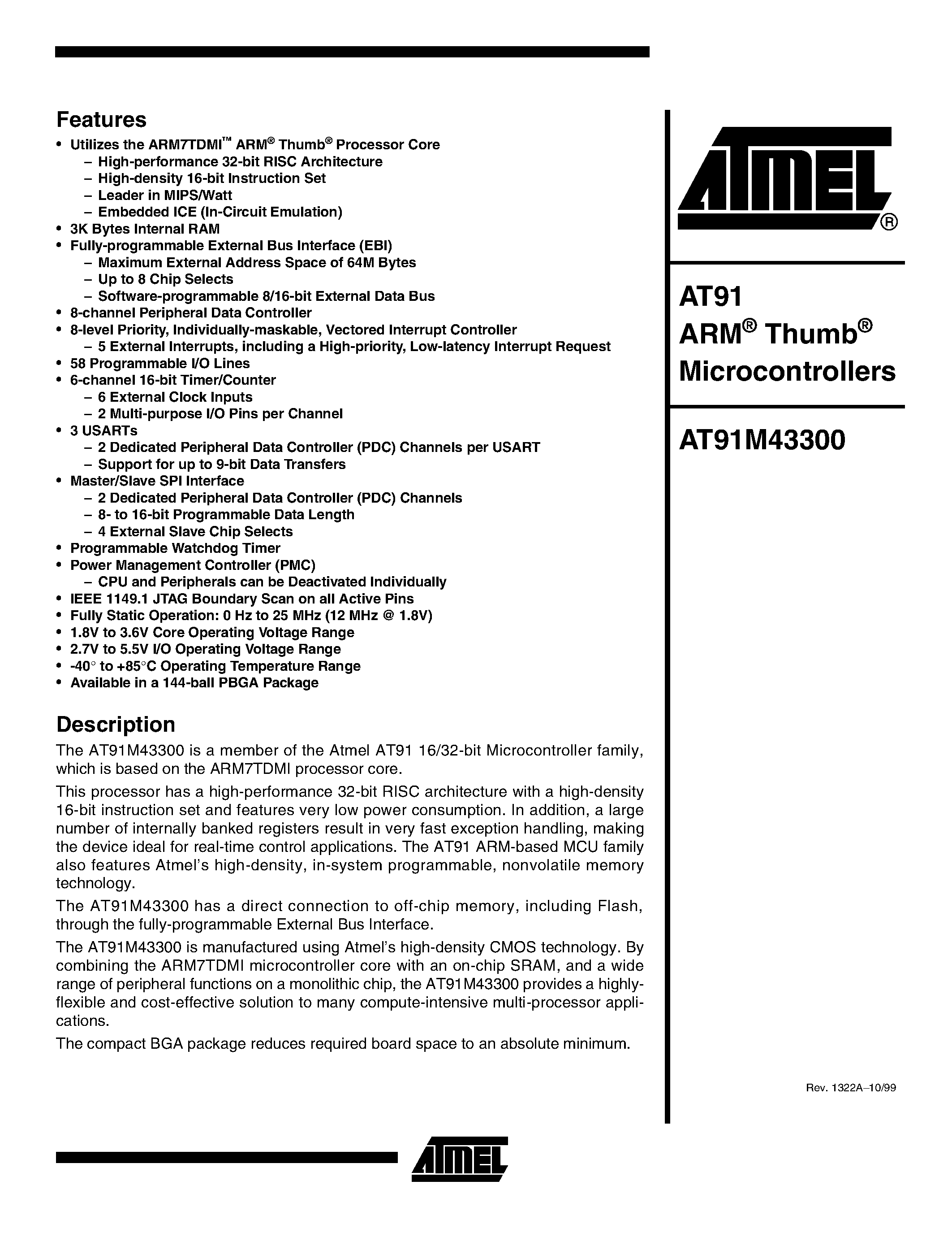 Datasheet AT91M43300-12CI-1.8 - ARM Thumb Microcontrollers page 1