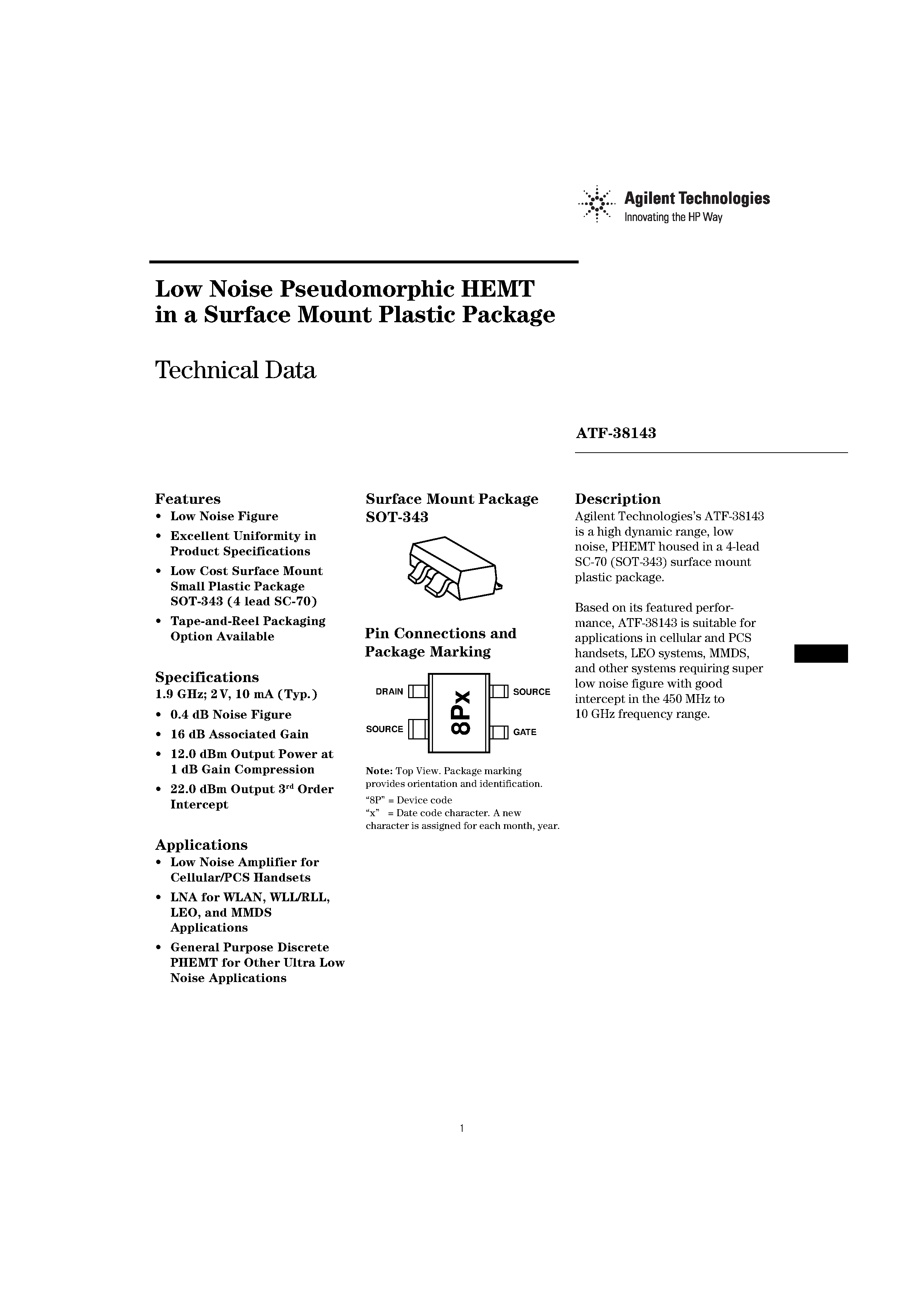 Datasheet ATF-38143-TR1 - Low Noise Pseudomorphic HEMT in a Surface Mount Plastic Package page 1