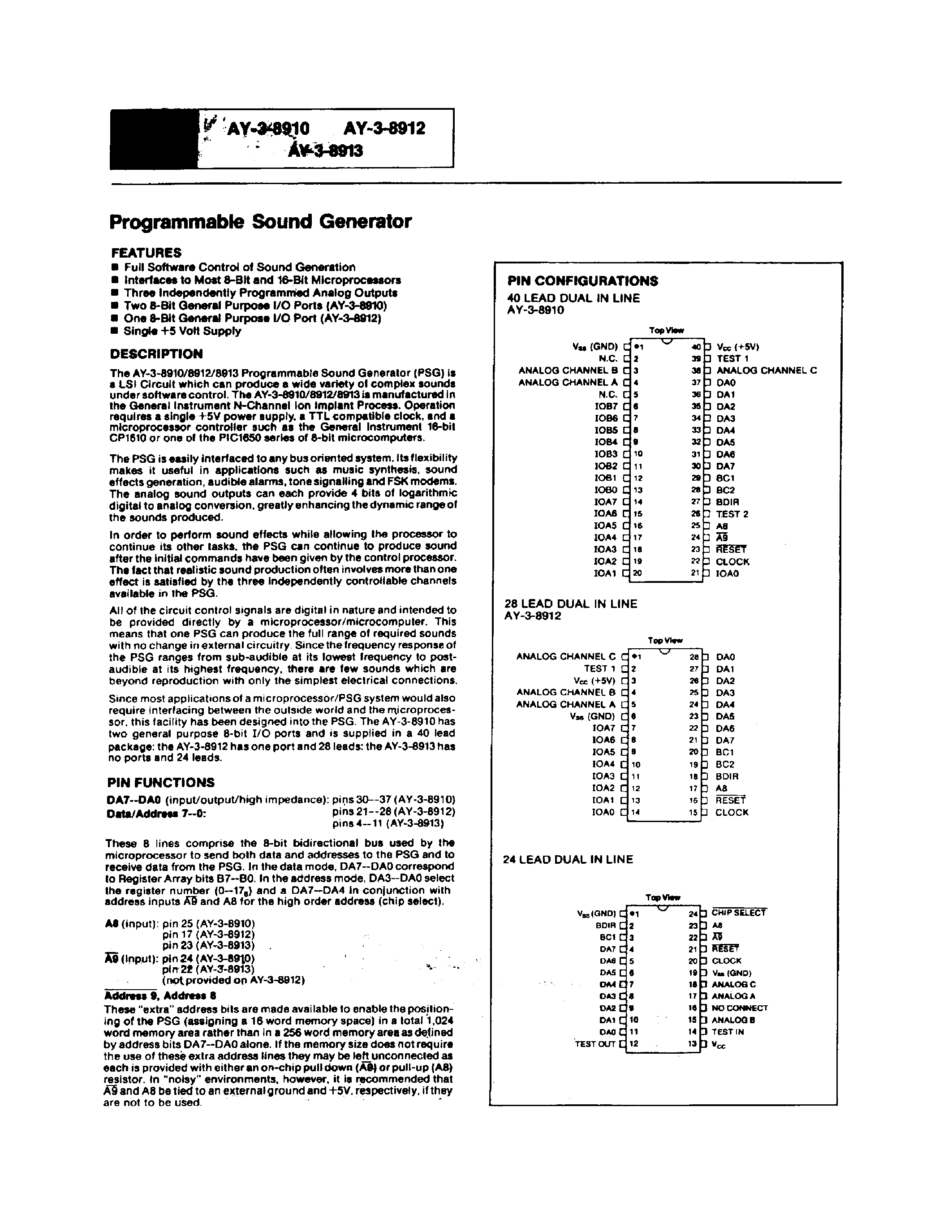 Datasheet AY3-8910 - PROGRAMMABLE SOUND GENERATOR page 1