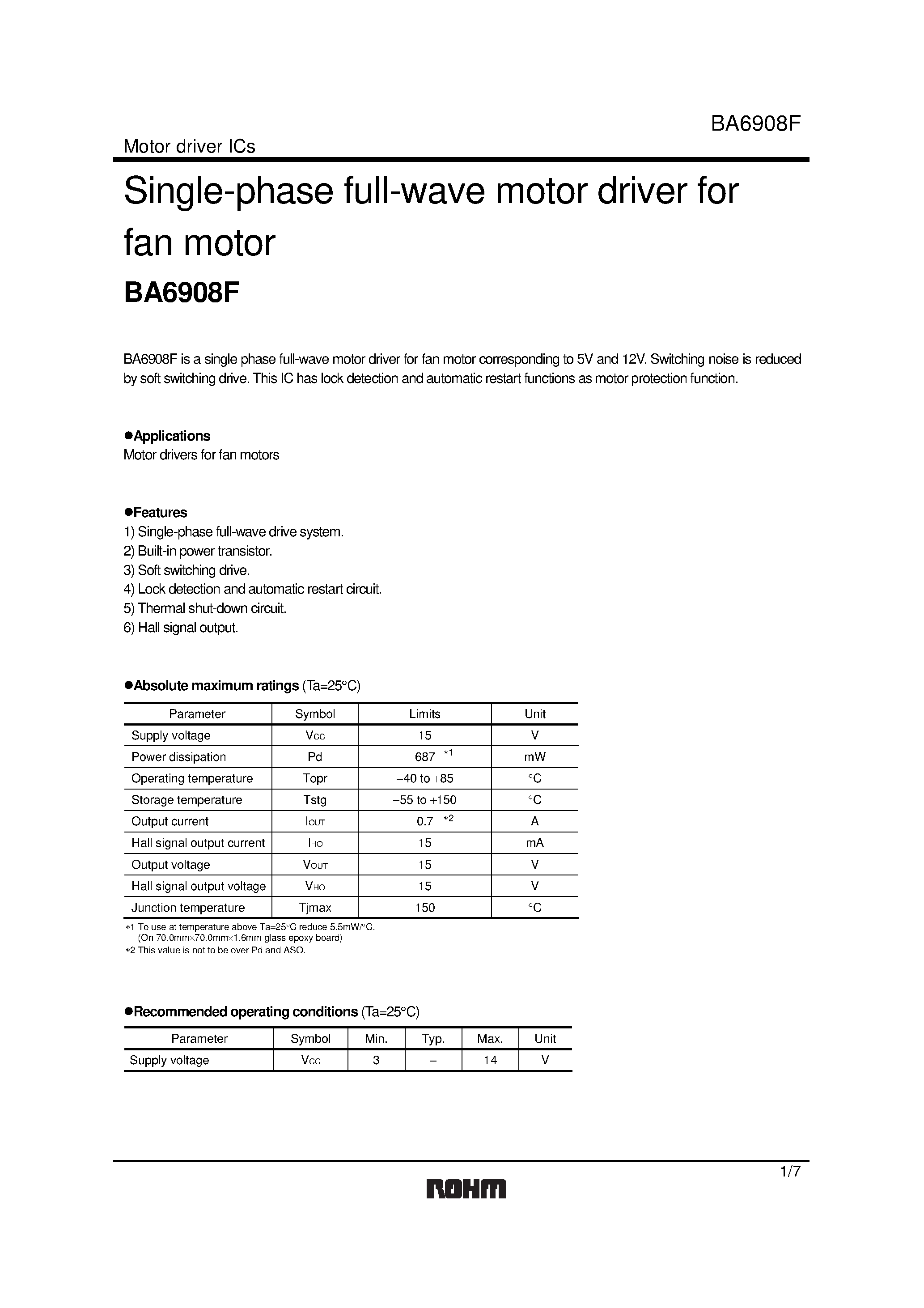 Datasheet BA6908F - Single-phase full-wave motor driver for fan motor page 1