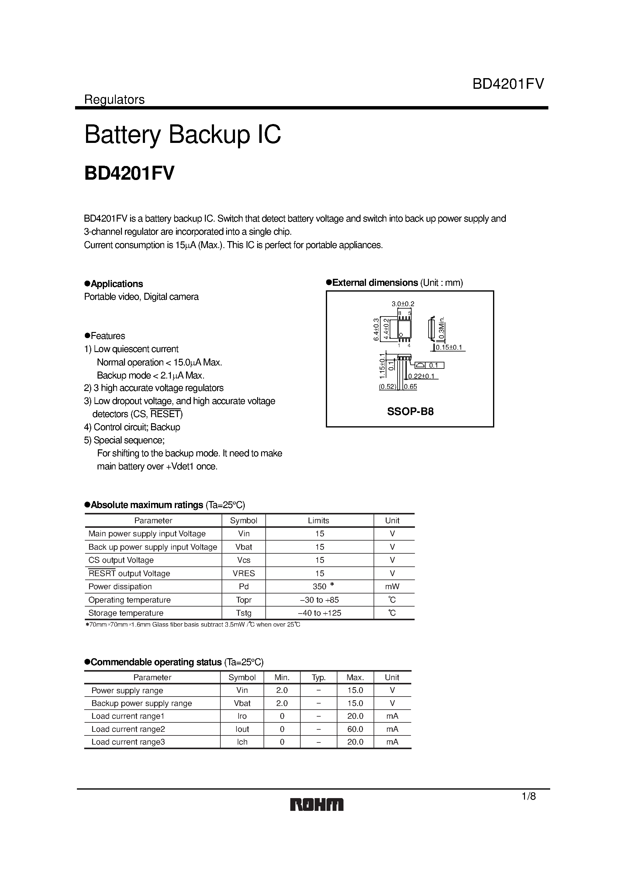 Datasheet BD4201FV - Battery Backup IC page 1