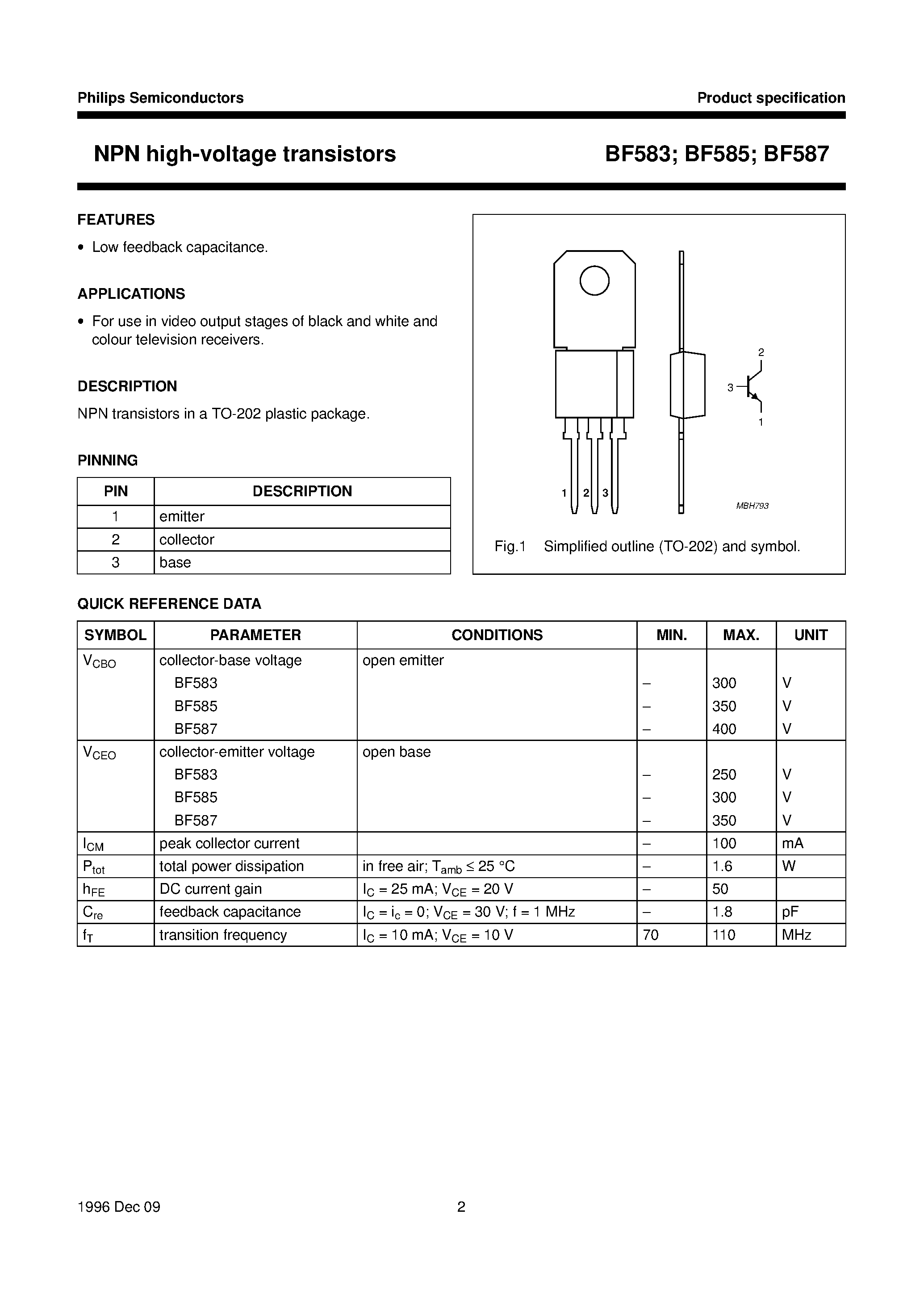 Даташит BF583 - NPN high-voltage transistors страница 2