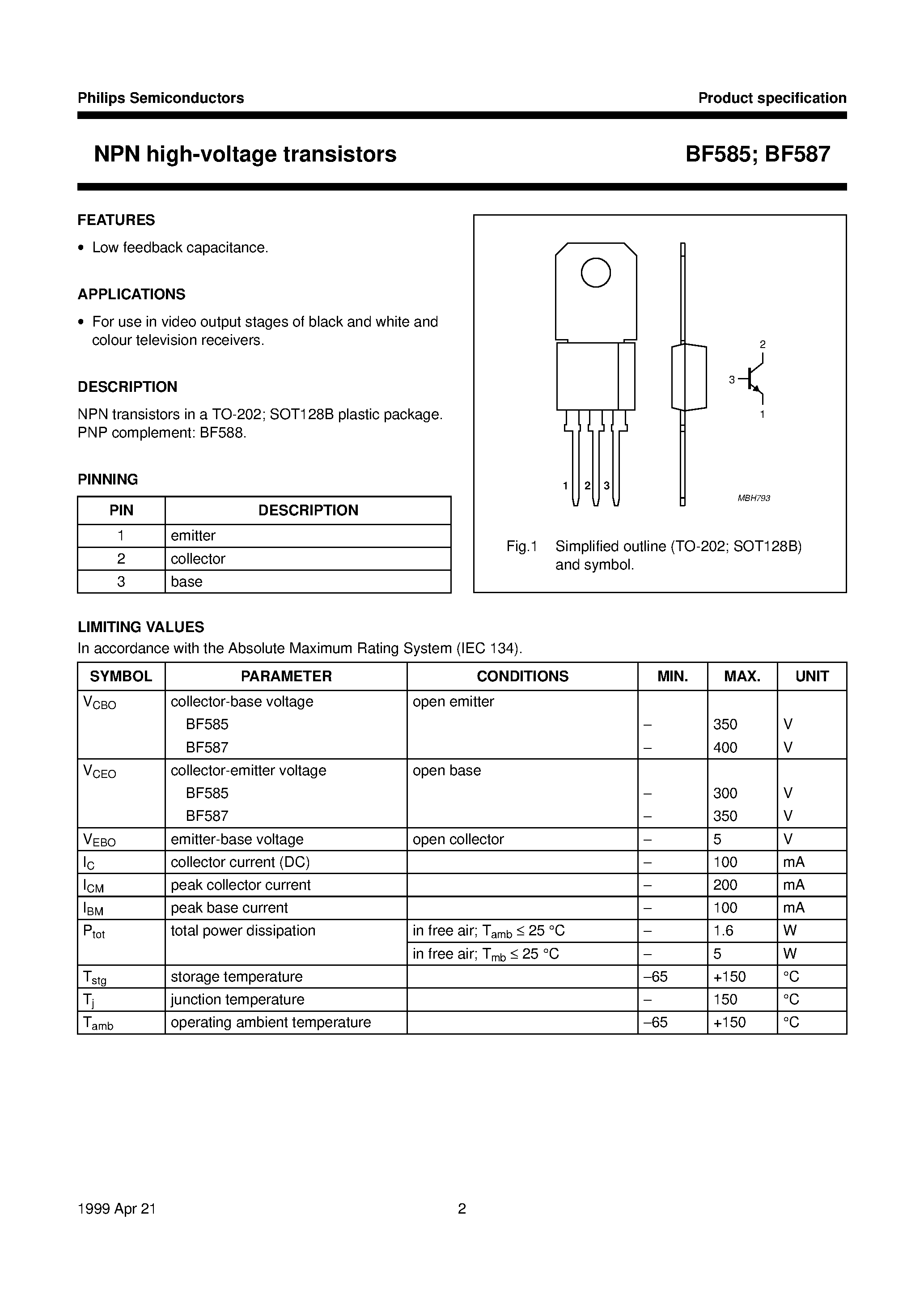 Даташит BF587 - NPN high-voltage transistors страница 2