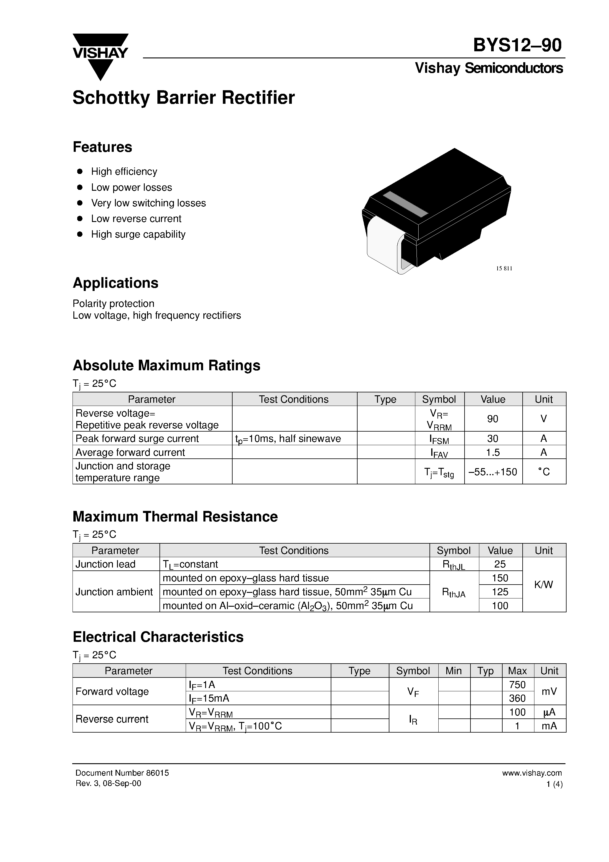 Datasheet BYS12-90 page 1 Datasheet BYS12-90 - Schottky Barrier Rectifier page 1