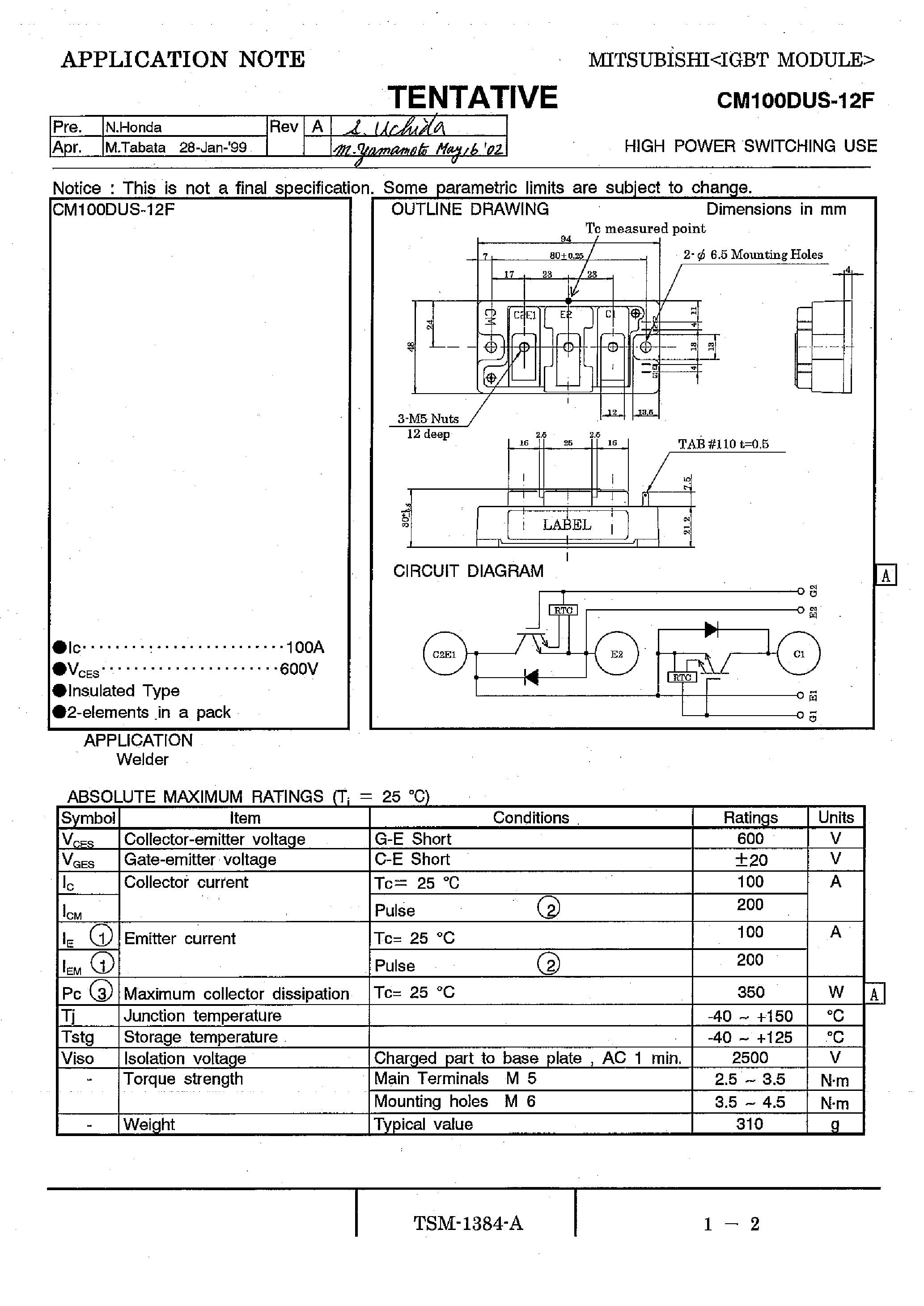 Даташит на микросхему CM100DUS-12F страница 1 Даташит CM100DUS-12F - HIGH POWER SWITCHING USE страница 1