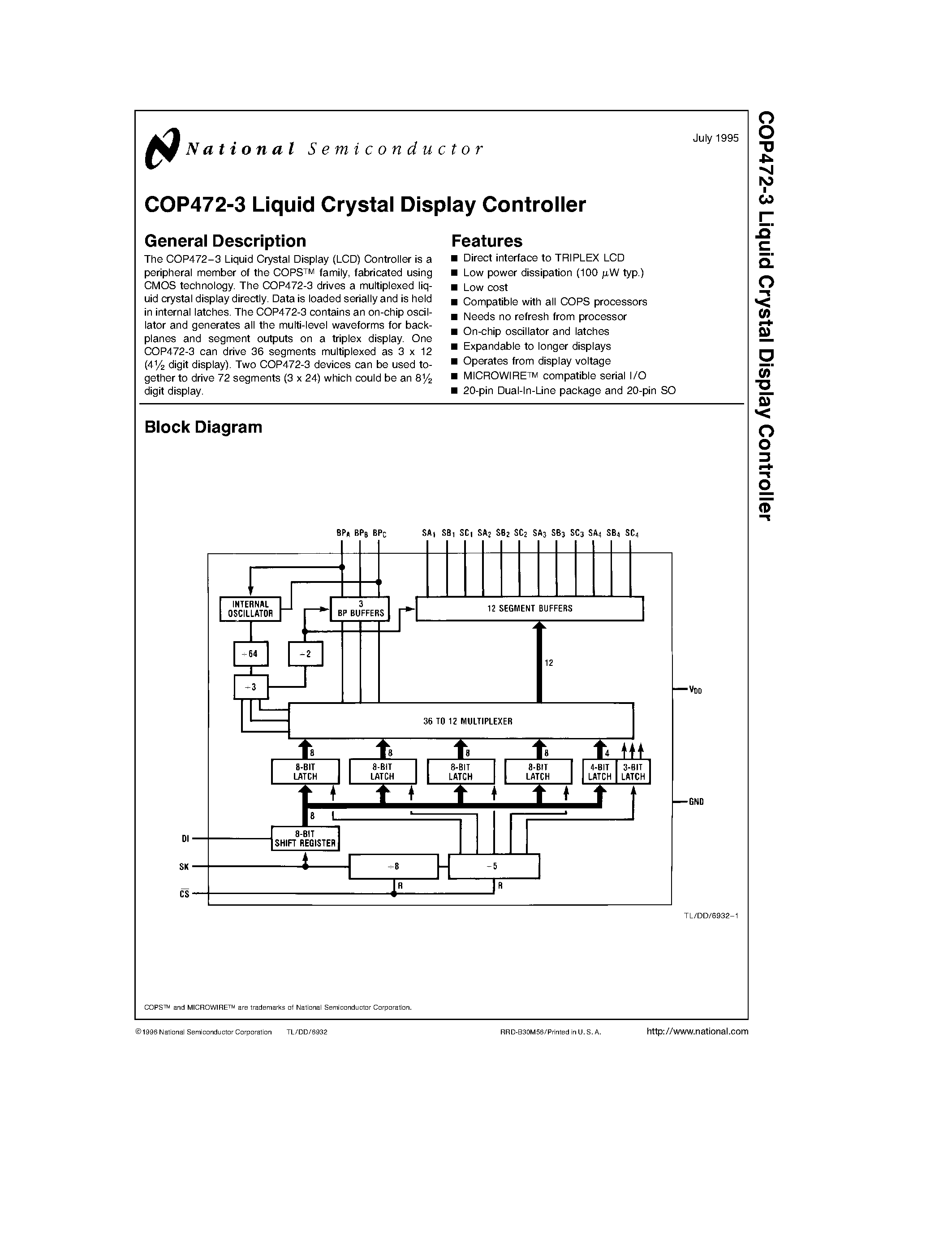 Даташит на микросхему COP472MW-3 страница 1 Даташит COP472MW-3 - COP472-3 Liquid Crystal Display Controller страница 1
