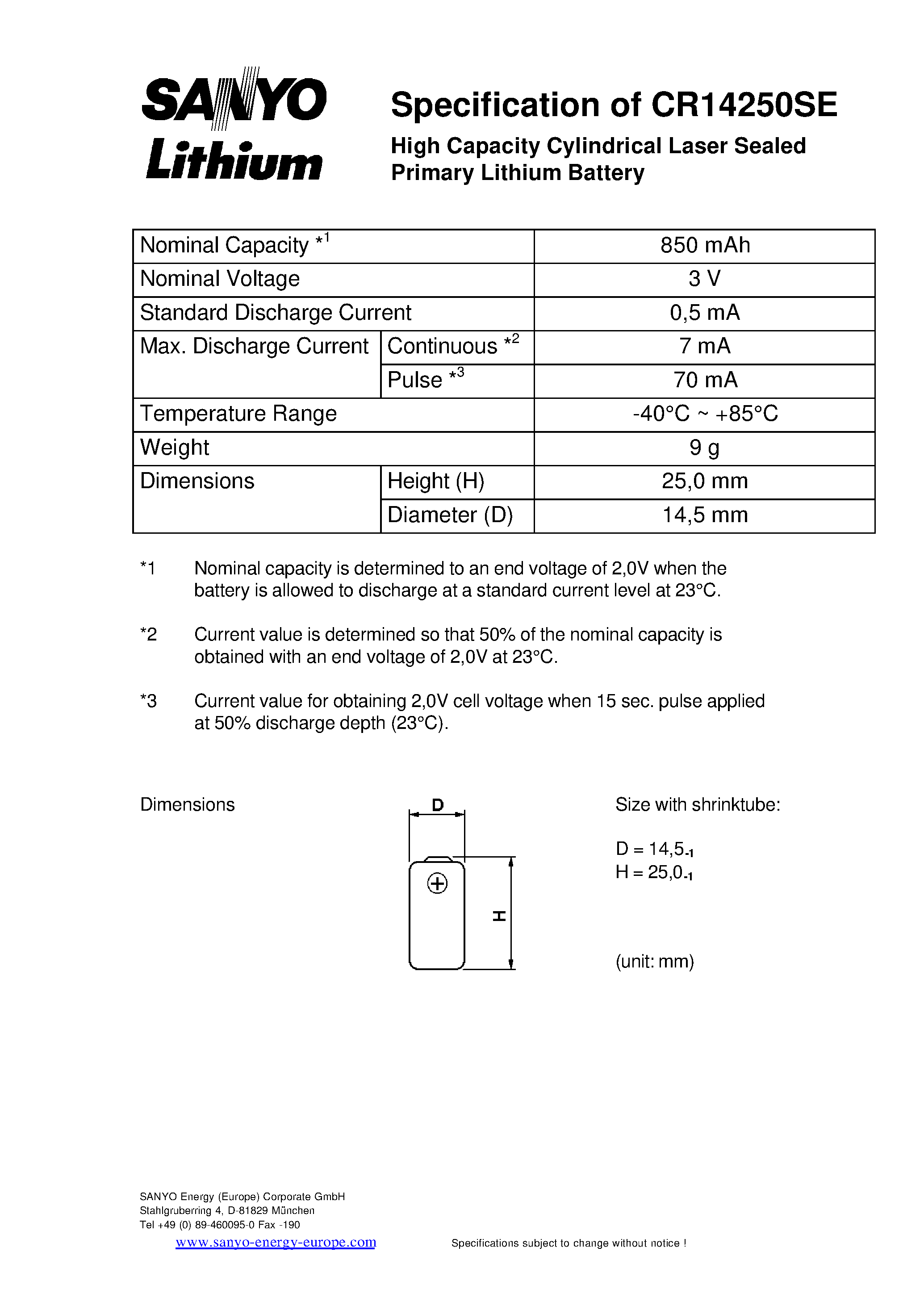 Datasheet CR14250SE - High Capacity Cylindrical Laser Sealed Primary Lithium Battery page 1
