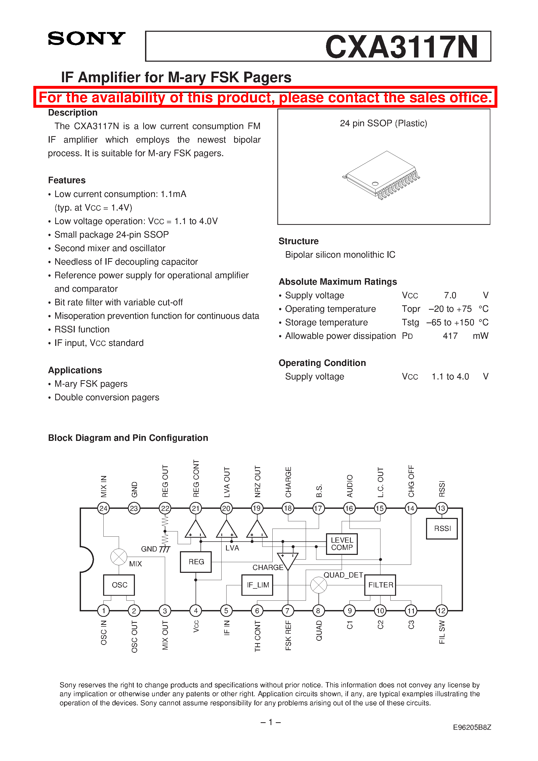 Datasheet CXA3117N - IF Amplifier for M-ary FSK Pagers page 1