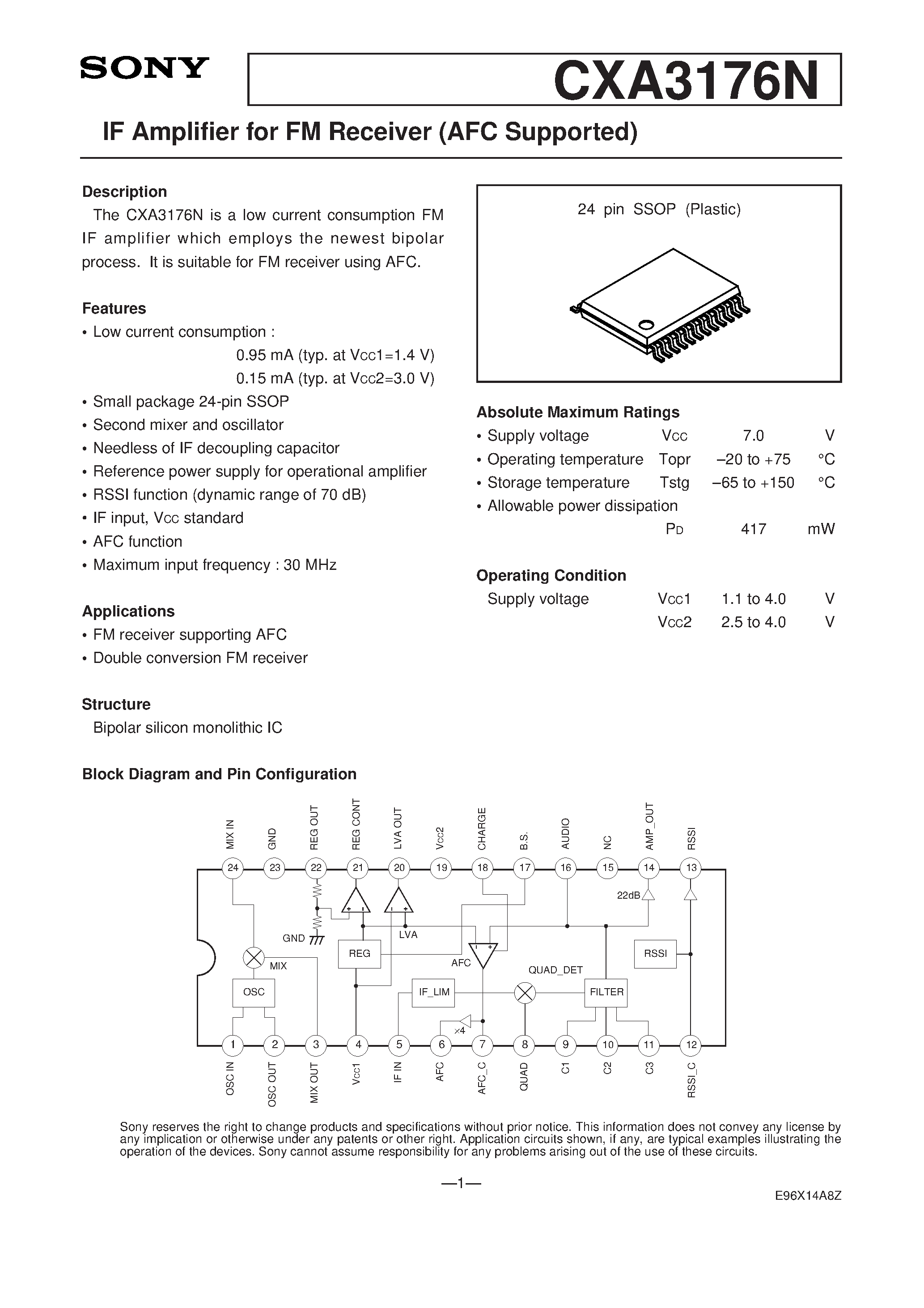 Даташит CXA3176N - IF Amplifier for FM Receiver (AFC Supported) страница 1