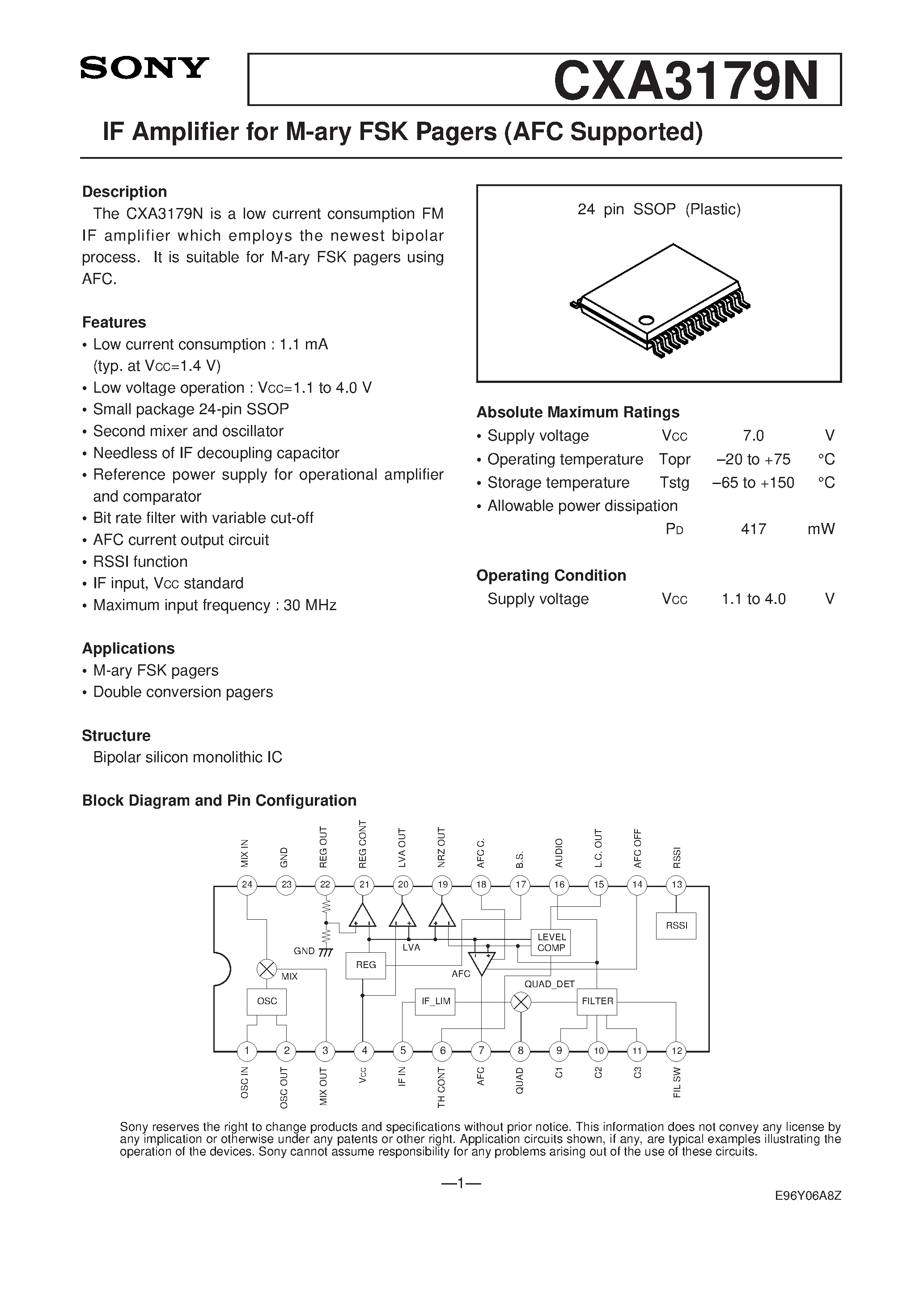 Даташит CXA3179N - IF Amplifier for M-ary FSK Pagers (AFC Supported) страница 1