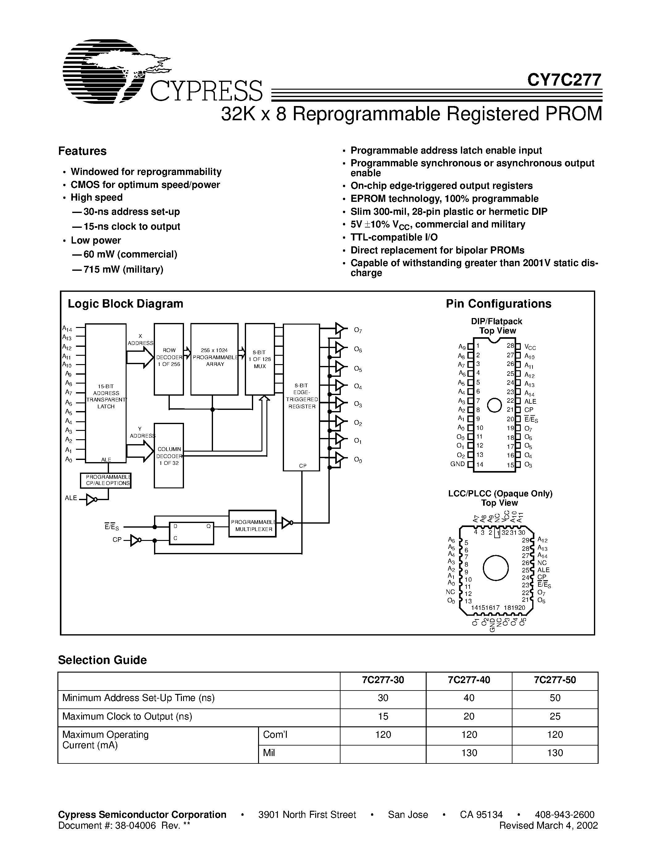 Даташит на микросхему CY7C277-50WC страница 1 Даташит CY7C277-50WC - 32K x 8 Reprogrammable Registered PROM страница 1