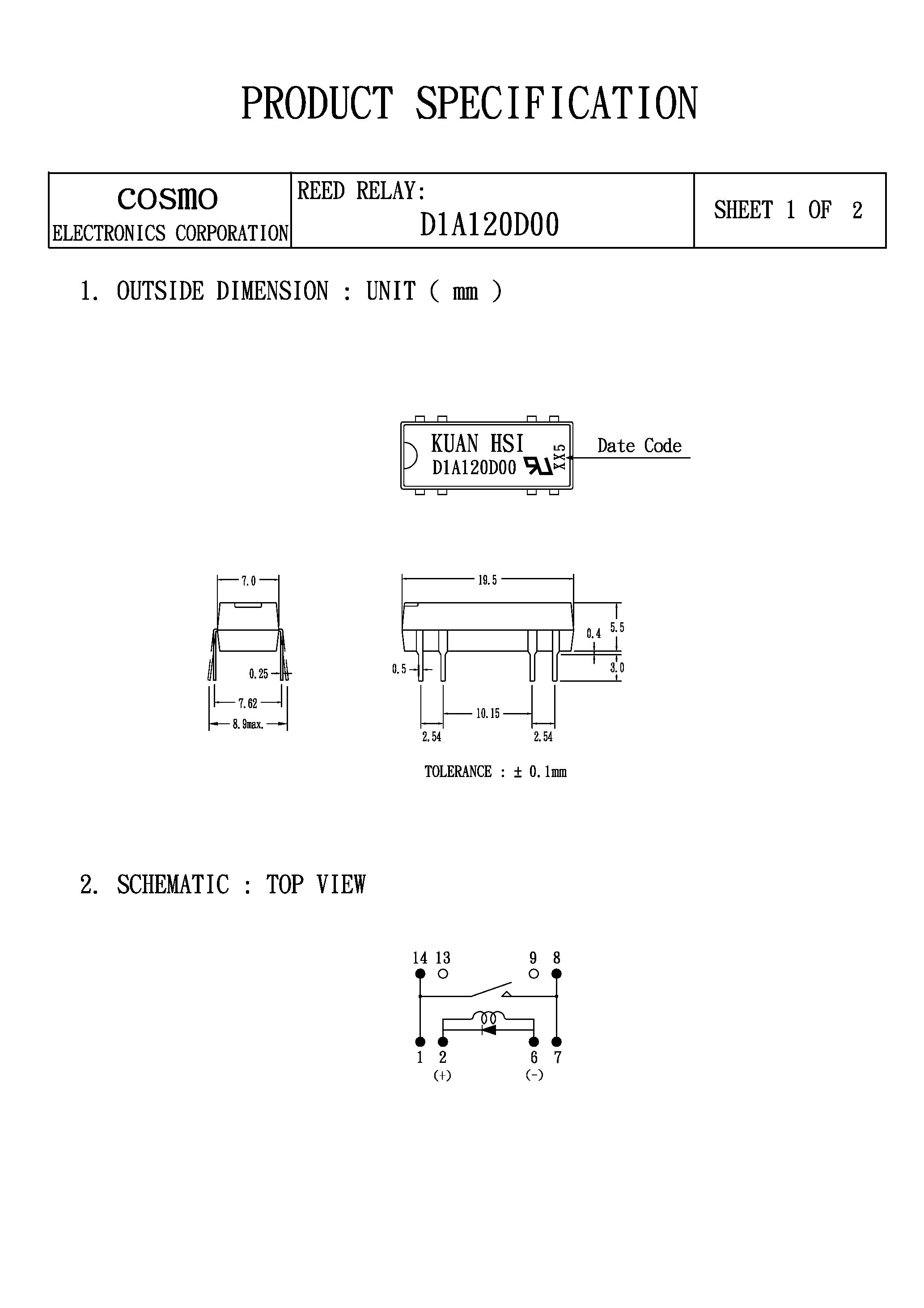 Даташит на микросхему D1A120D00 страница 1 Даташит D1A120D00 - REED RELAY страница 1