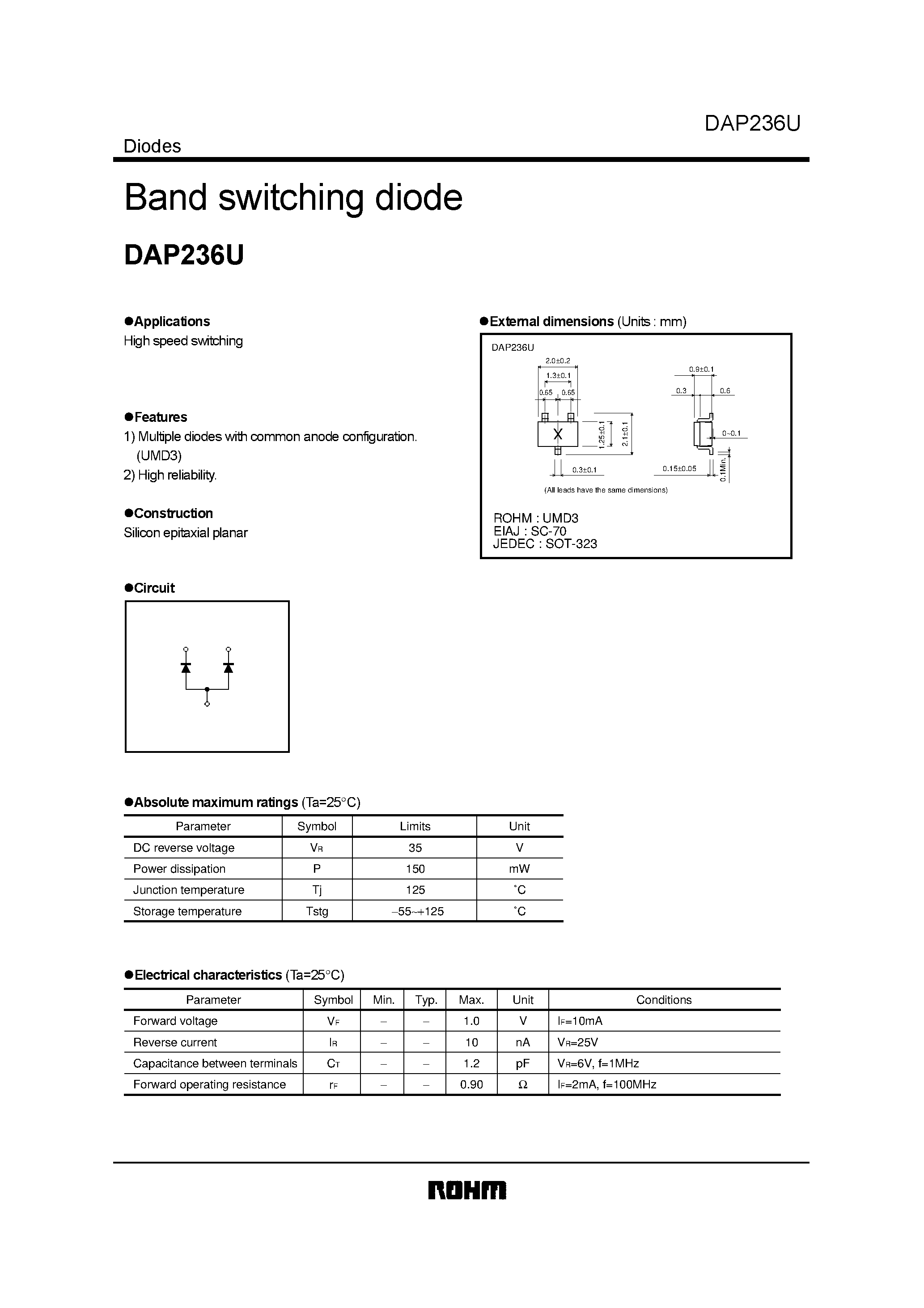Даташит на микросхему DAP236U страница 1 Даташит DAP236U - Band switching diode страница 1