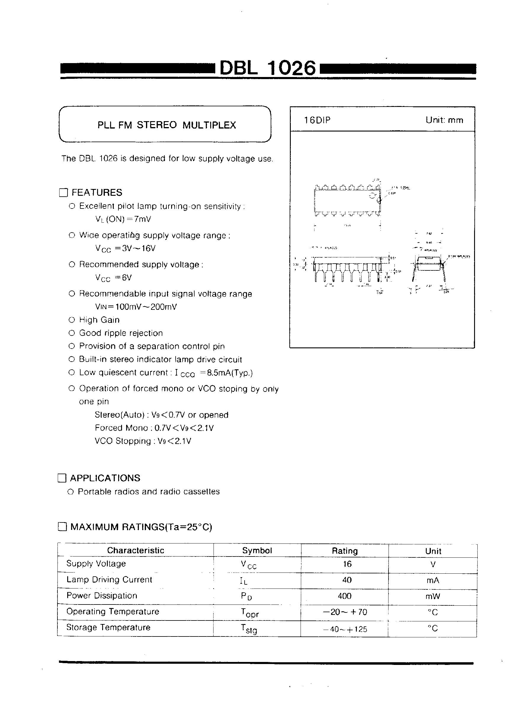 Даташит DBL1026 - PLL FM STEREO MULTIPLEX страница 1