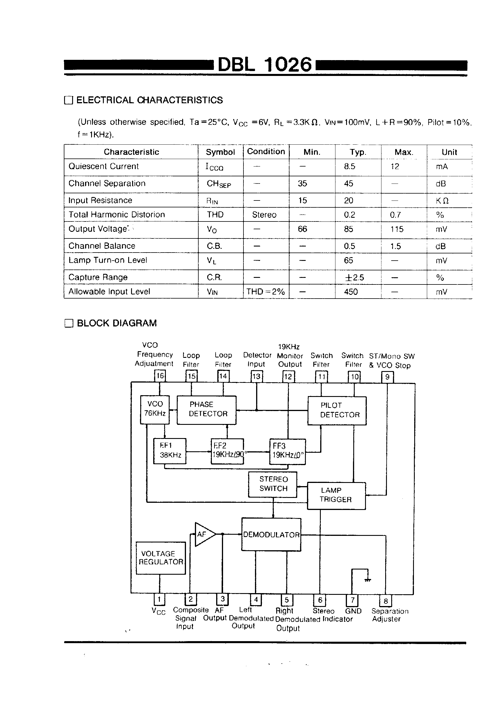 Даташит DBL1026 - PLL FM STEREO MULTIPLEX страница 2