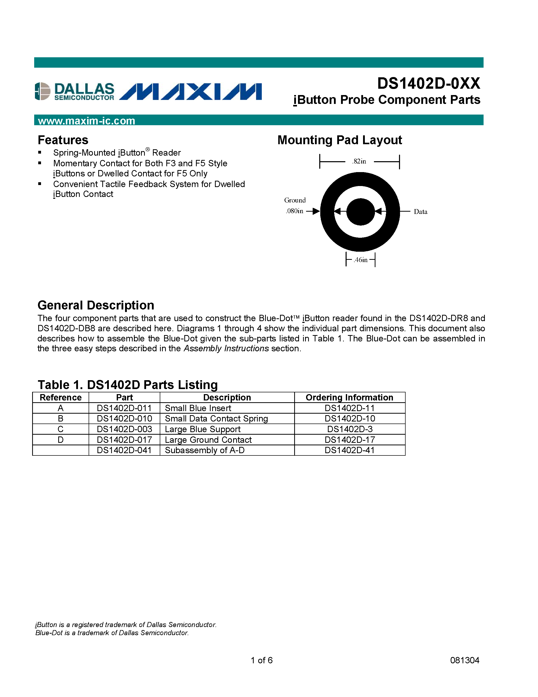Datasheet DS1402D-010 page 1 Datasheet DS1402D-010 - iButton Probe Component Parts page 1