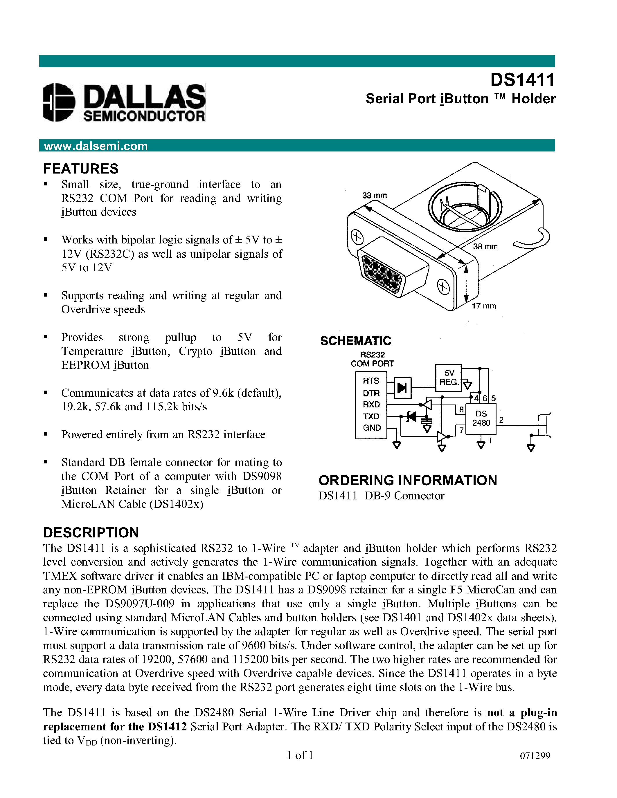 Даташит на микросхему DS1411DB-9 страница 1 Даташит DS1411DB-9 - Serial Port iButton Holder страница 1