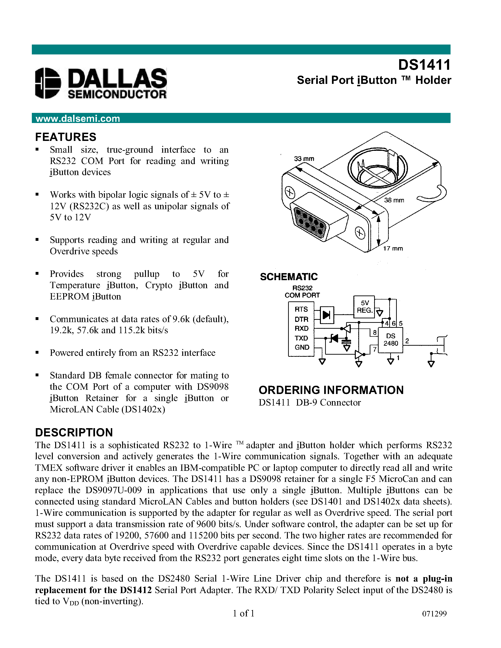 Datasheet DS1411DB-9 - Serial Port iButton Holder page 1