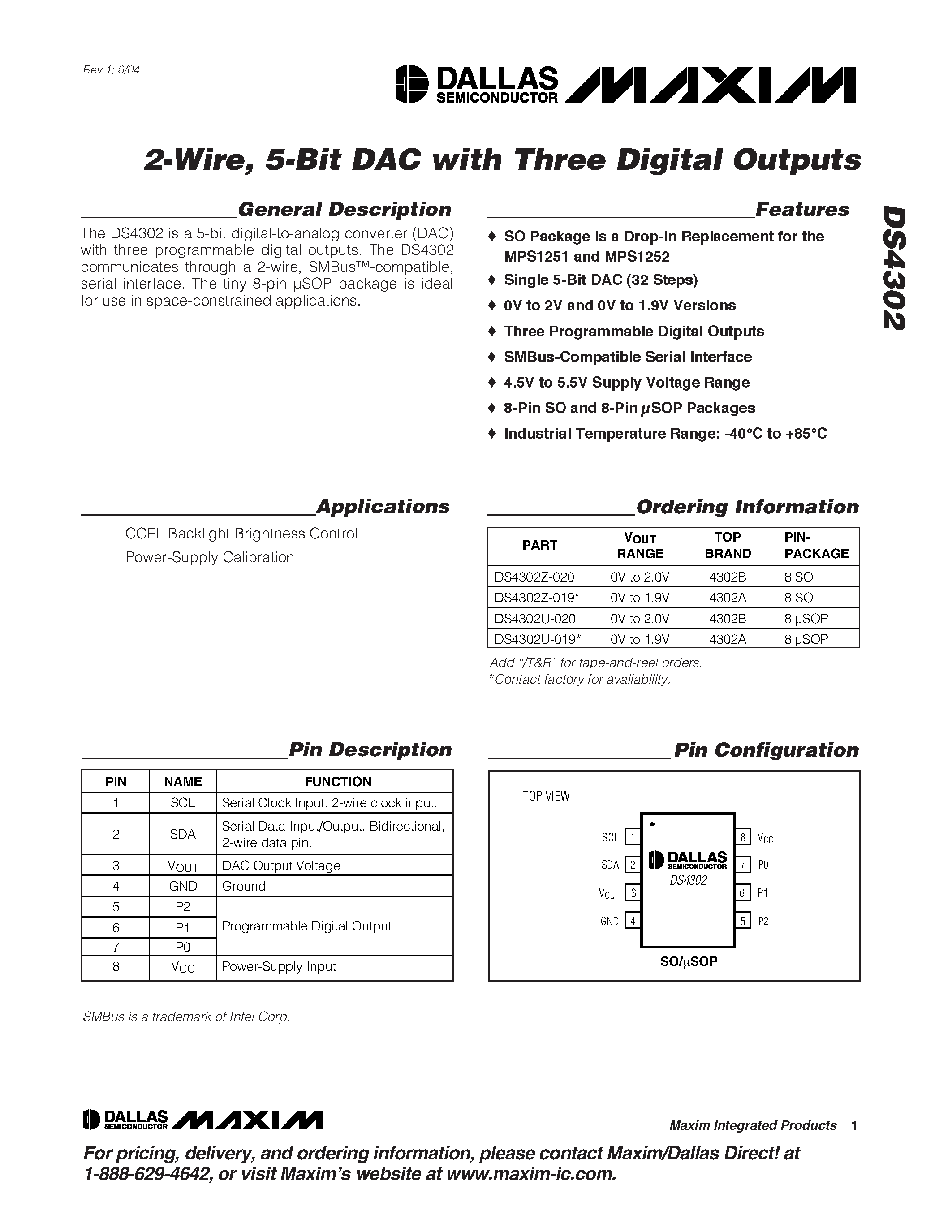 Datasheet DS4302Z-020 - 2-Wire/ 5-Bit DAC with Three Digital Outputs page 1