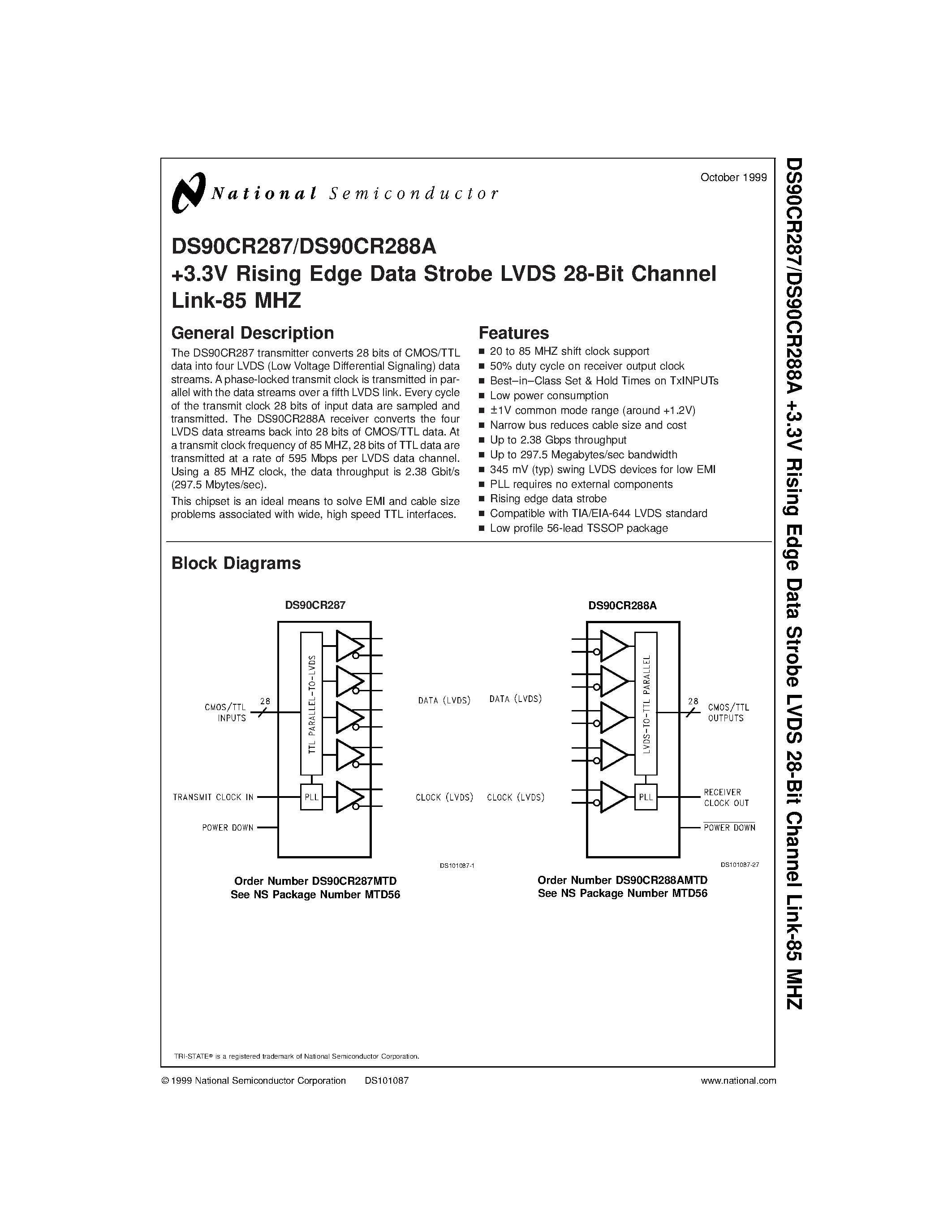 Datasheet DS90CR287MTD page 1 Datasheet DS90CR287MTD - +3.3V Rising Edge Data Strobe LVDS 28-Bit Channel Link-85 MHZ page 1