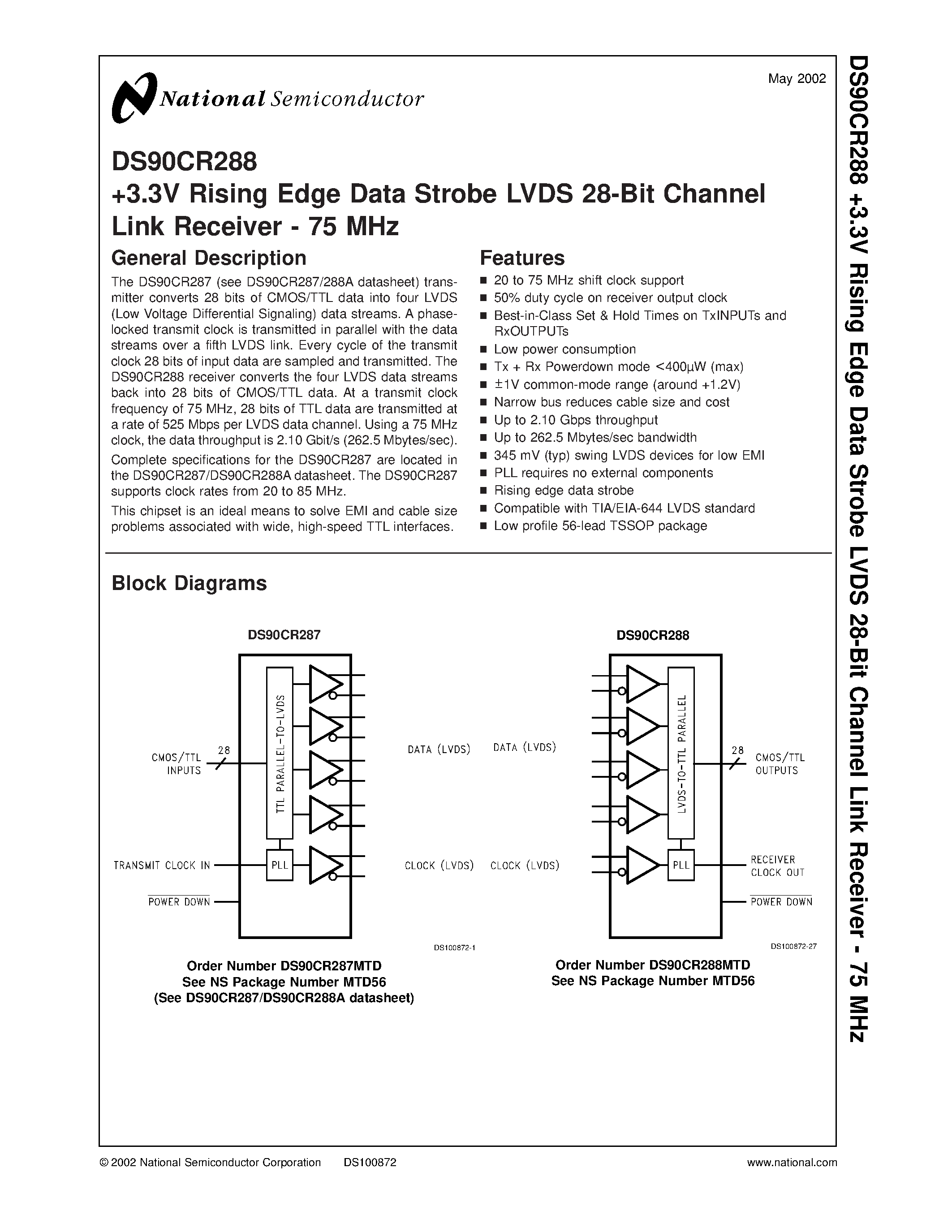 Datasheet DS90CR288MTD page 1 Datasheet DS90CR288MTD - +3.3V Rising Edge Data Strobe LVDS 28-Bit Channel Link Receiver - 75 MHz page 1