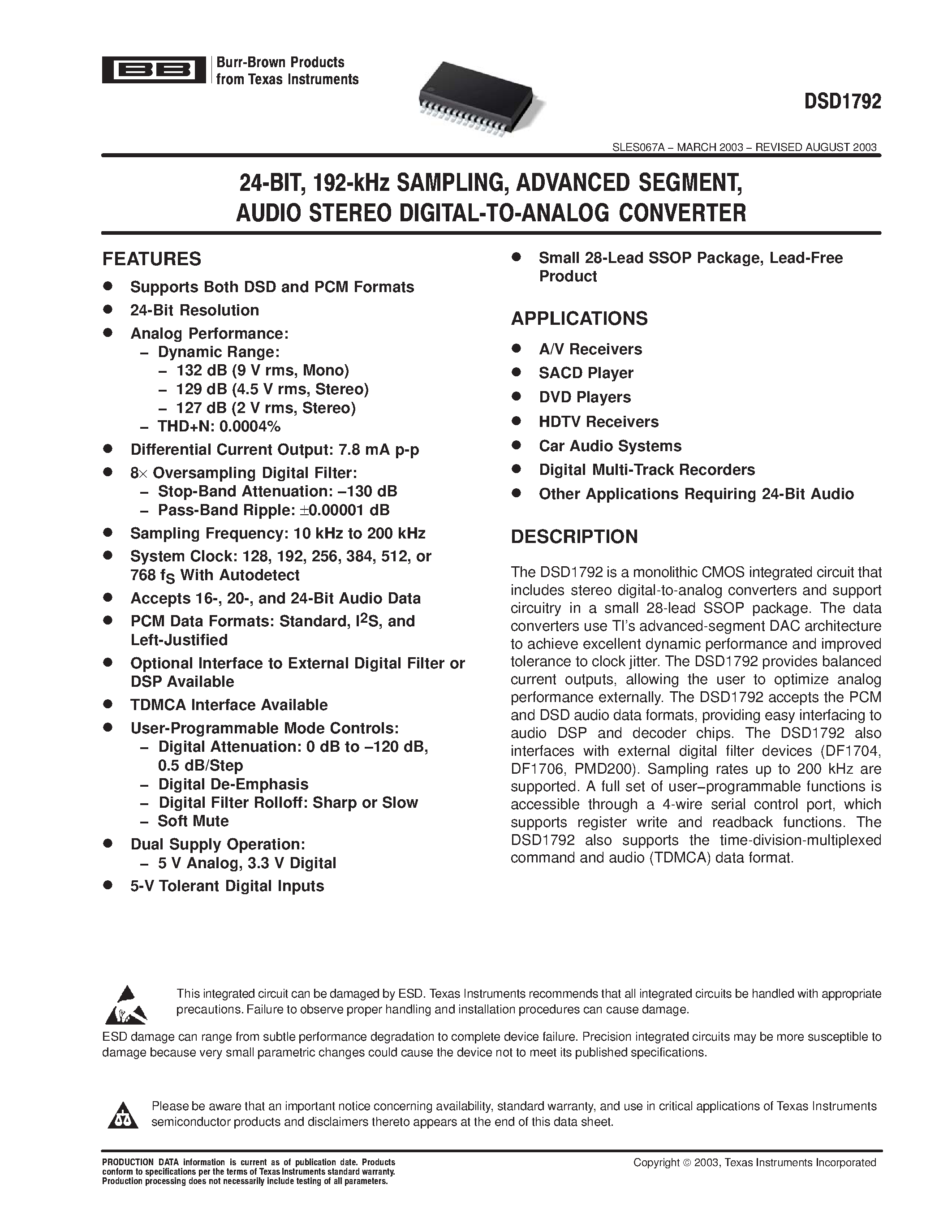 Даташит DSD1792DBR - 24 bit 192 khz SAMPLING ADVANCED SEGMENT AUDIO STEREO DIGITAL TO ANALOG CONVERTER страница 1