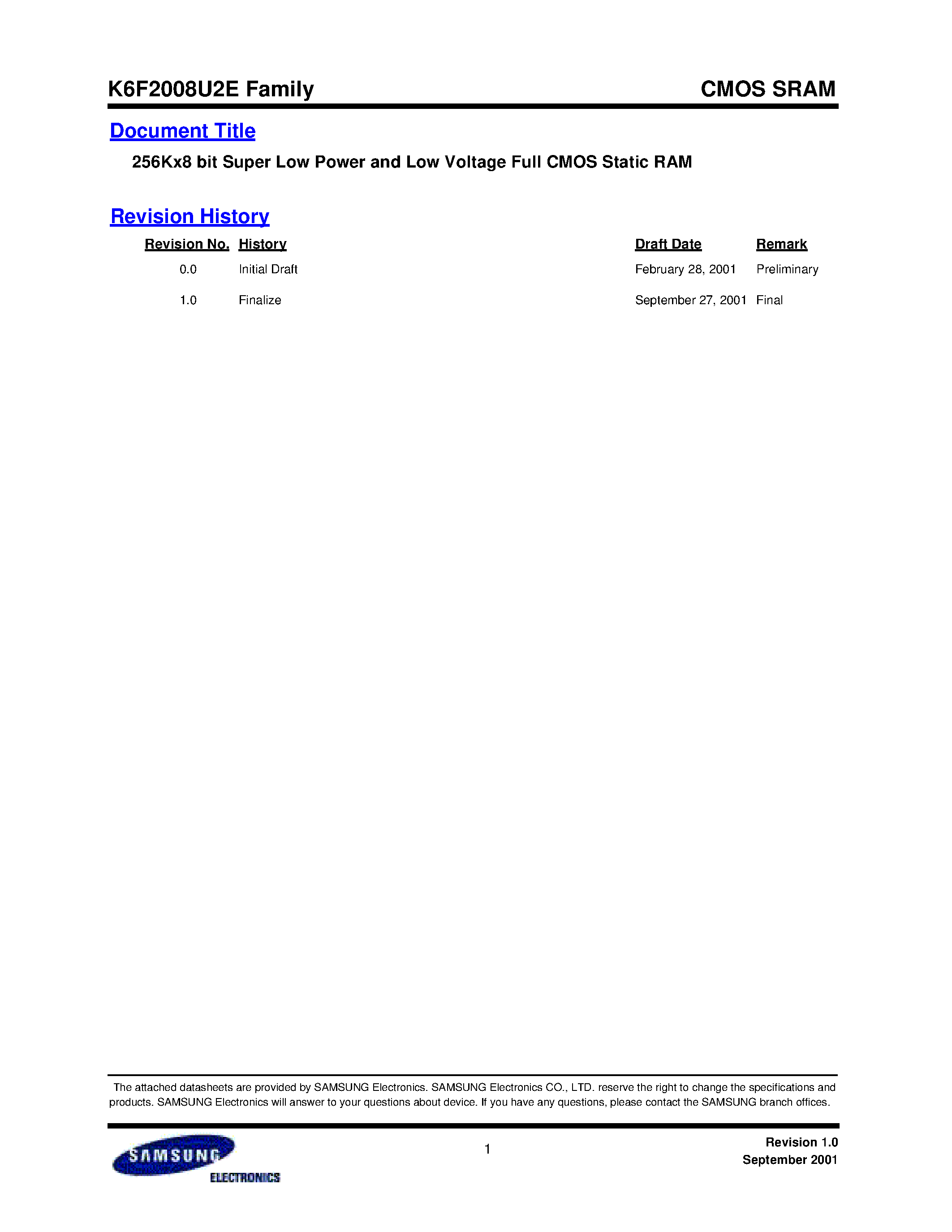 Даташит на микросхему DS_K6F2008U2E страница 1 Даташит DS_K6F2008U2E - 256Kx8 bit Super Low Power and Low Voltage Full CMOS Static RAM страница 1