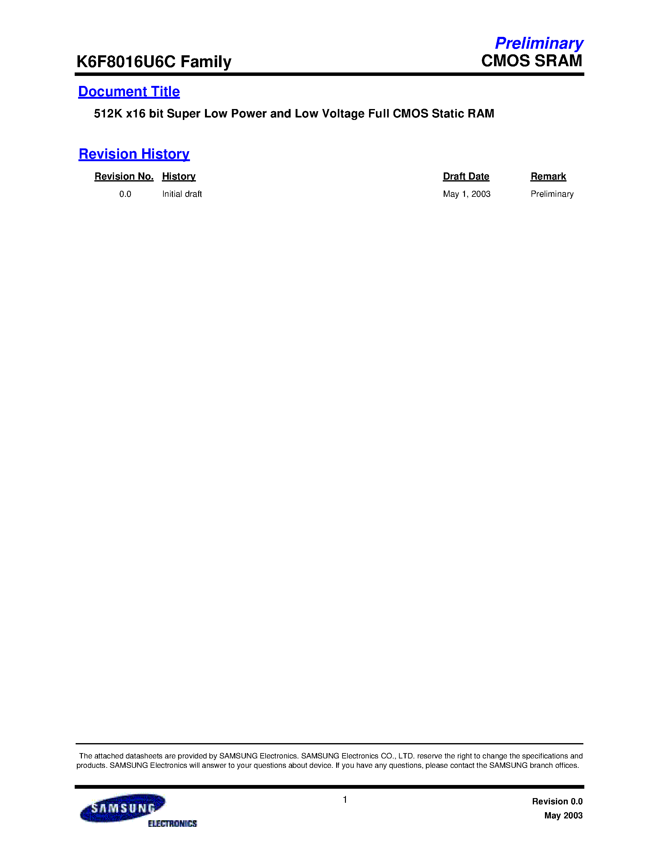 Даташит DS_K6F8016U6C - 512K x16 bit Super Low Power and Low Voltage Full CMOS Static RAM страница 1