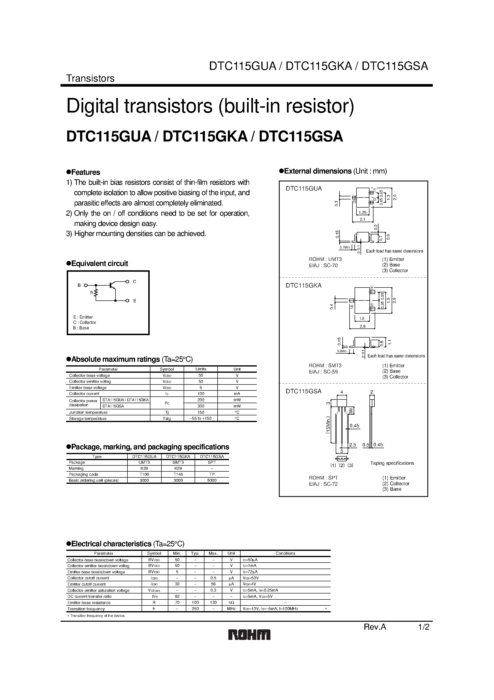 Datasheet DTC115GKA page 1 Datasheet DTC115GKA - Digital transistors (built-in resistor) page 1