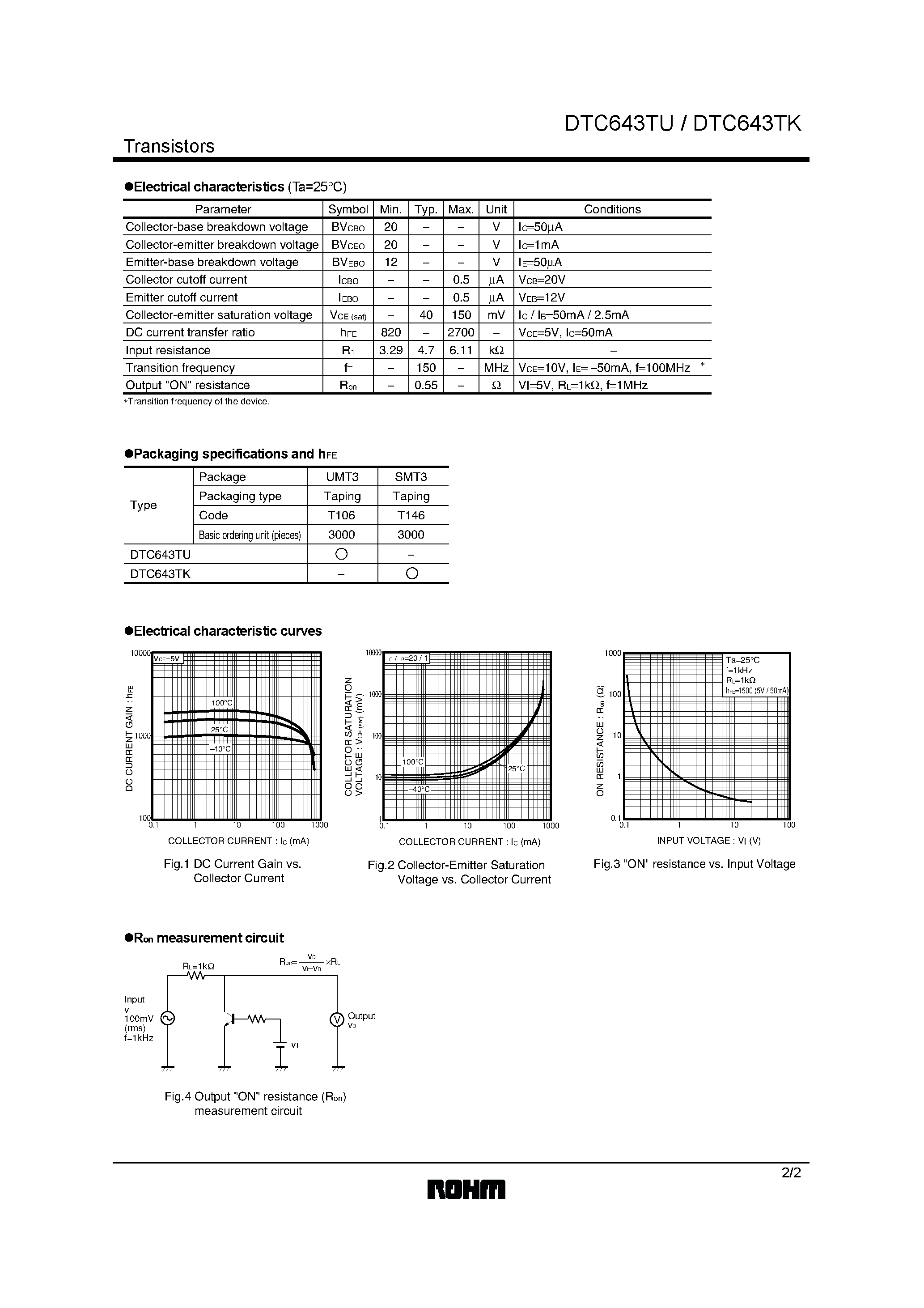 Даташит DTC643TK - Digital transistors (built-in resistor) страница 2