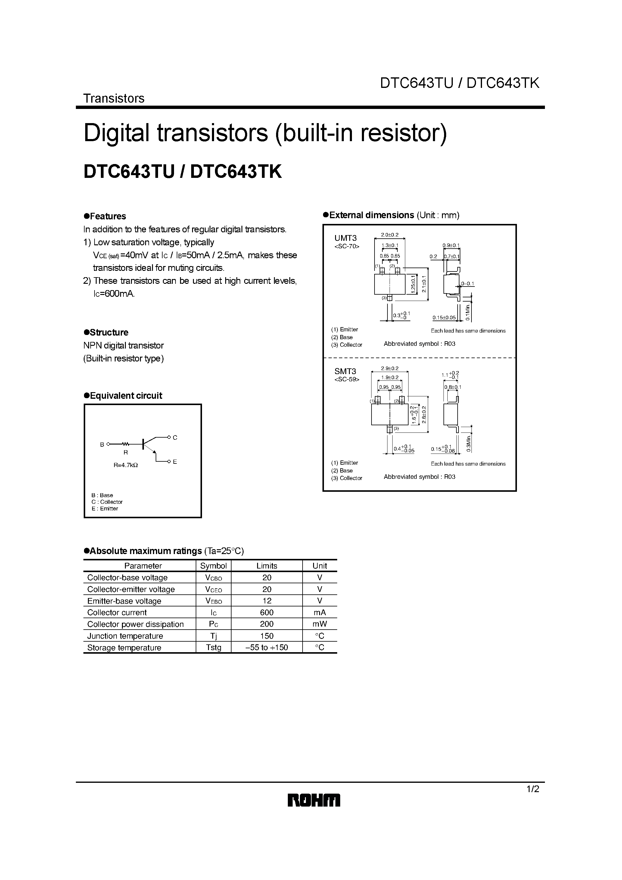 Даташит DTC643TU - Digital transistors (built-in resistor) страница 1