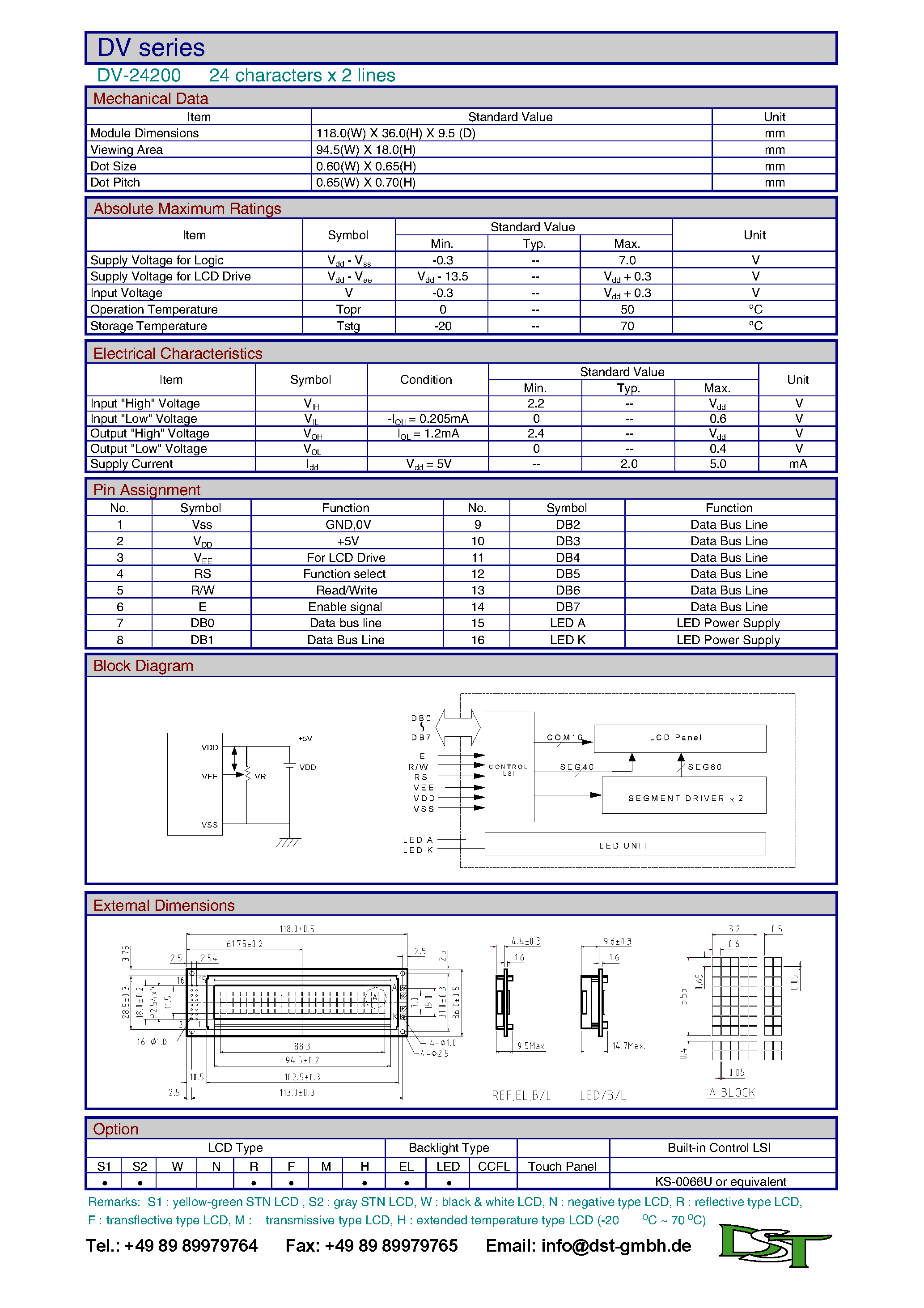 Datasheet DV24200 - DV series 24 characters x 2 lines page 1