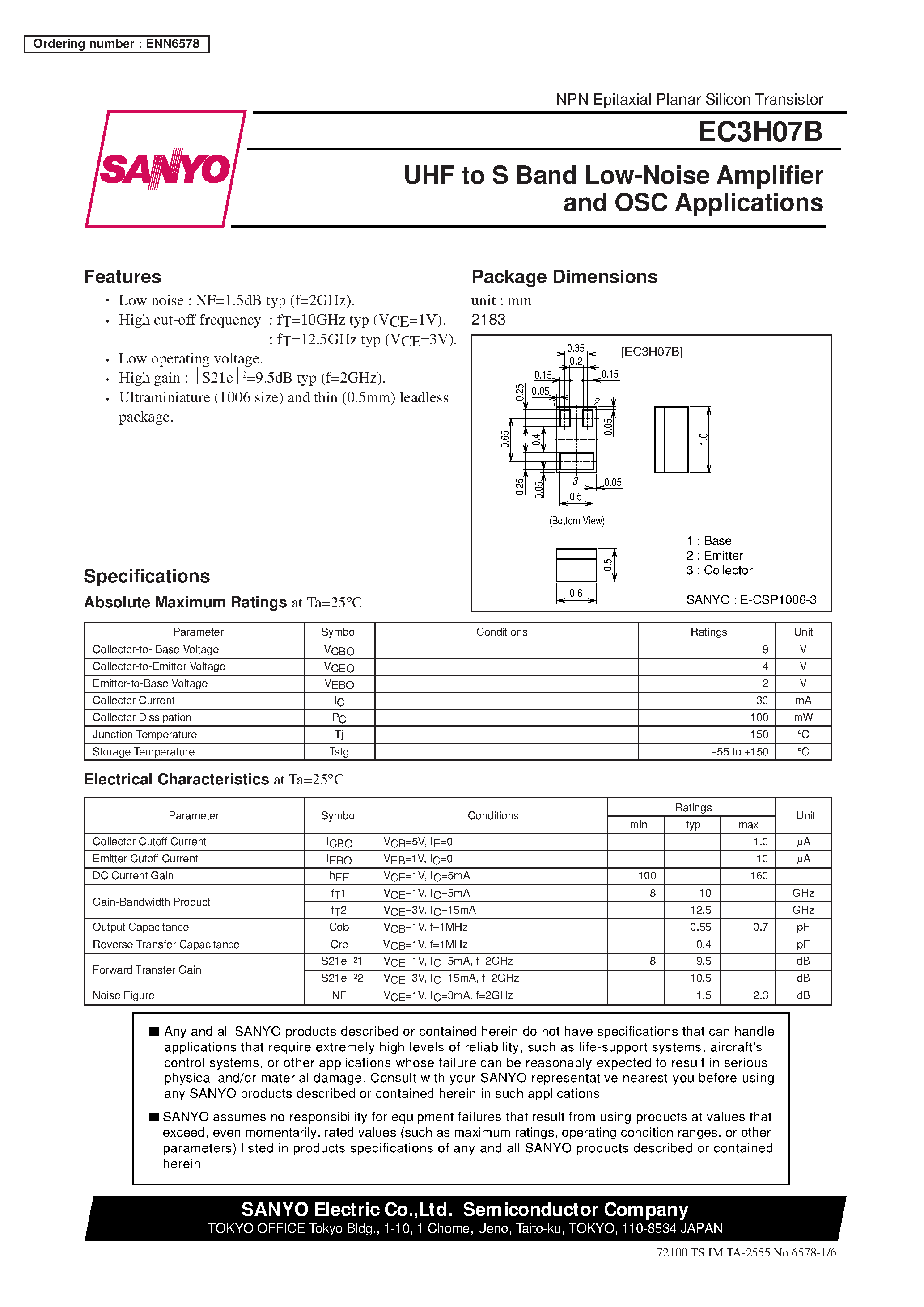 Datasheet EC3H07B page 1 Datasheet EC3H07B - UHF to S Band Low-Noise Amplifier and OSC Applications page 1