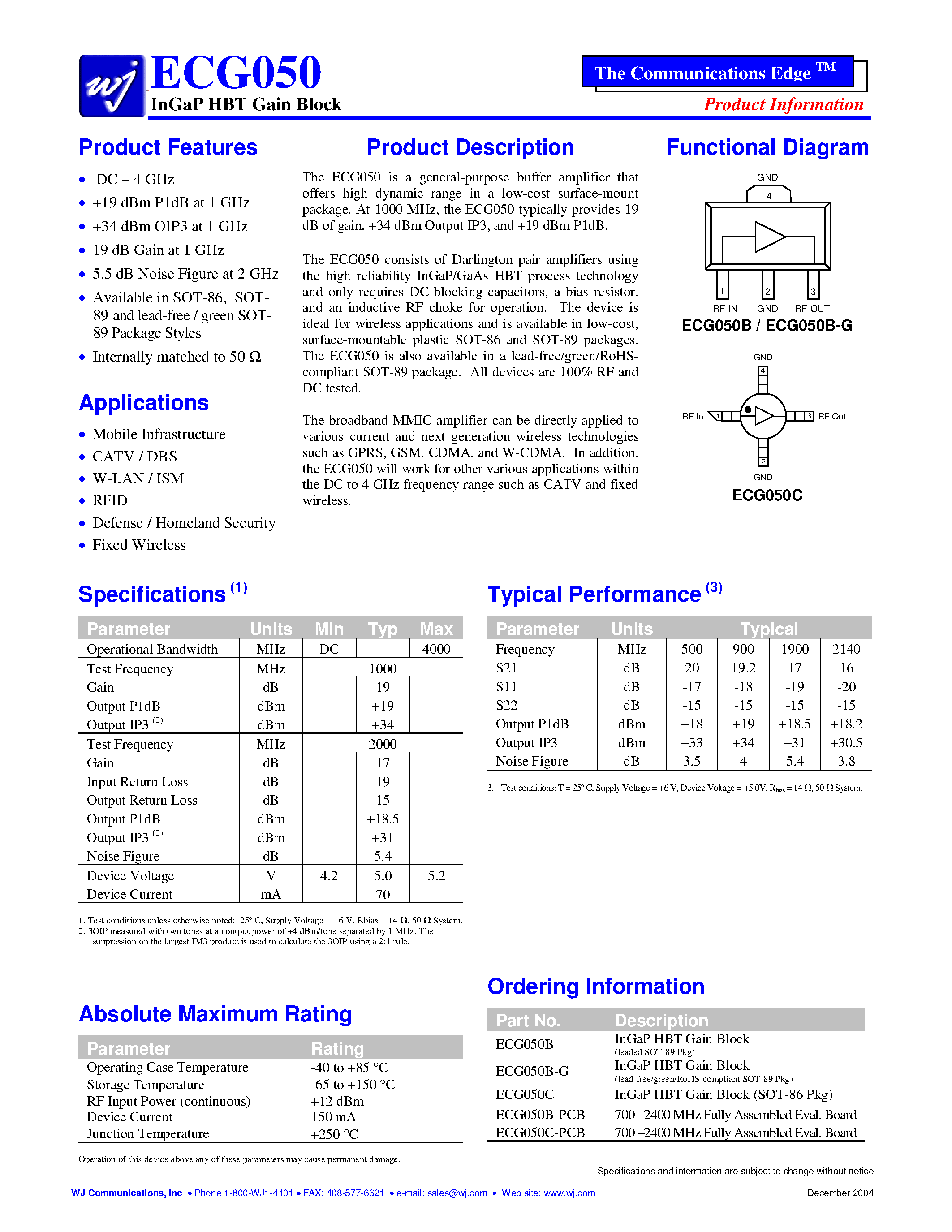 Datasheet ECG050B-G - InGaP HBT Gain Block page 1