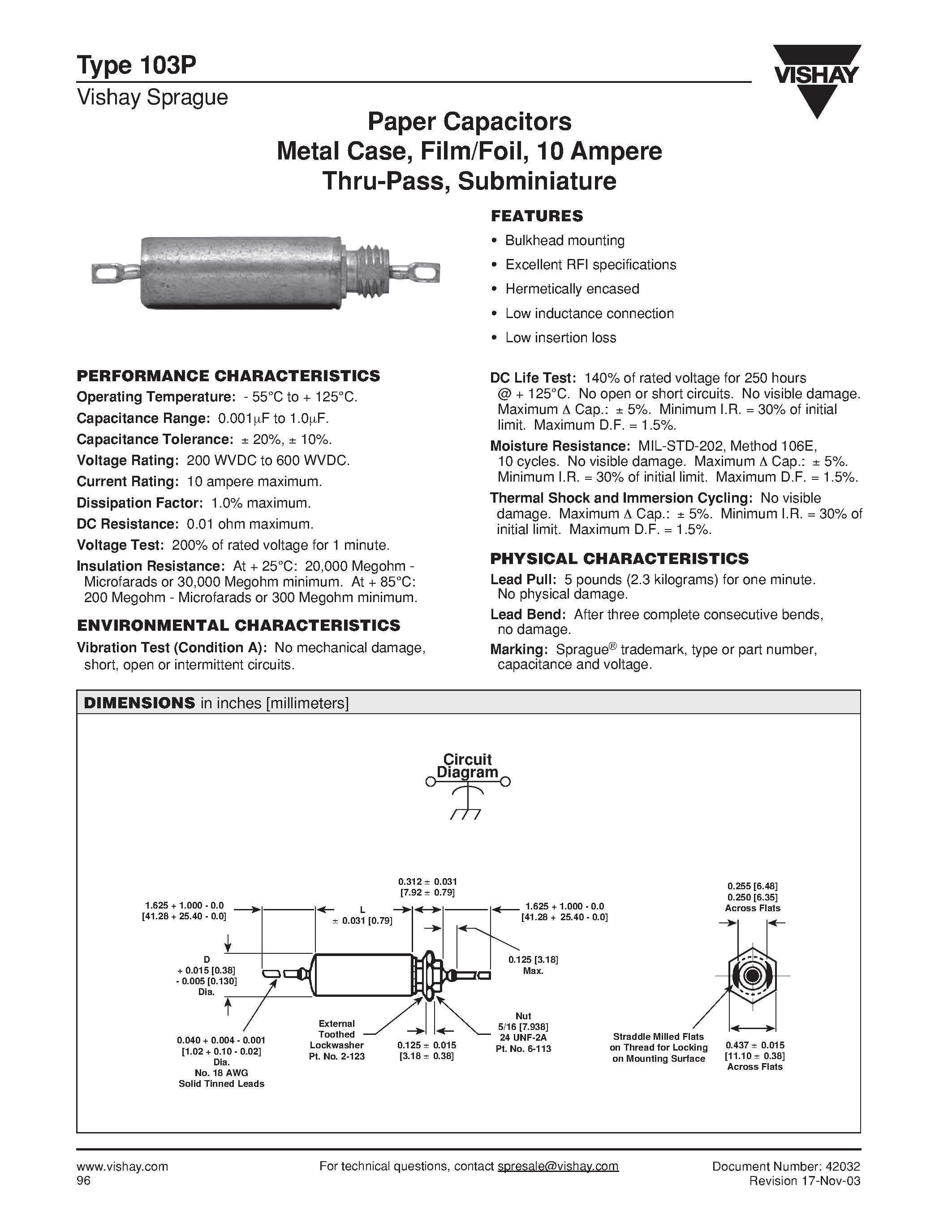 Datasheet 103P474X0300T - Paper Capacitors Metal Case/ Film/Foil/ 10 Ampere Thru-Pass/ Subminiature page 1