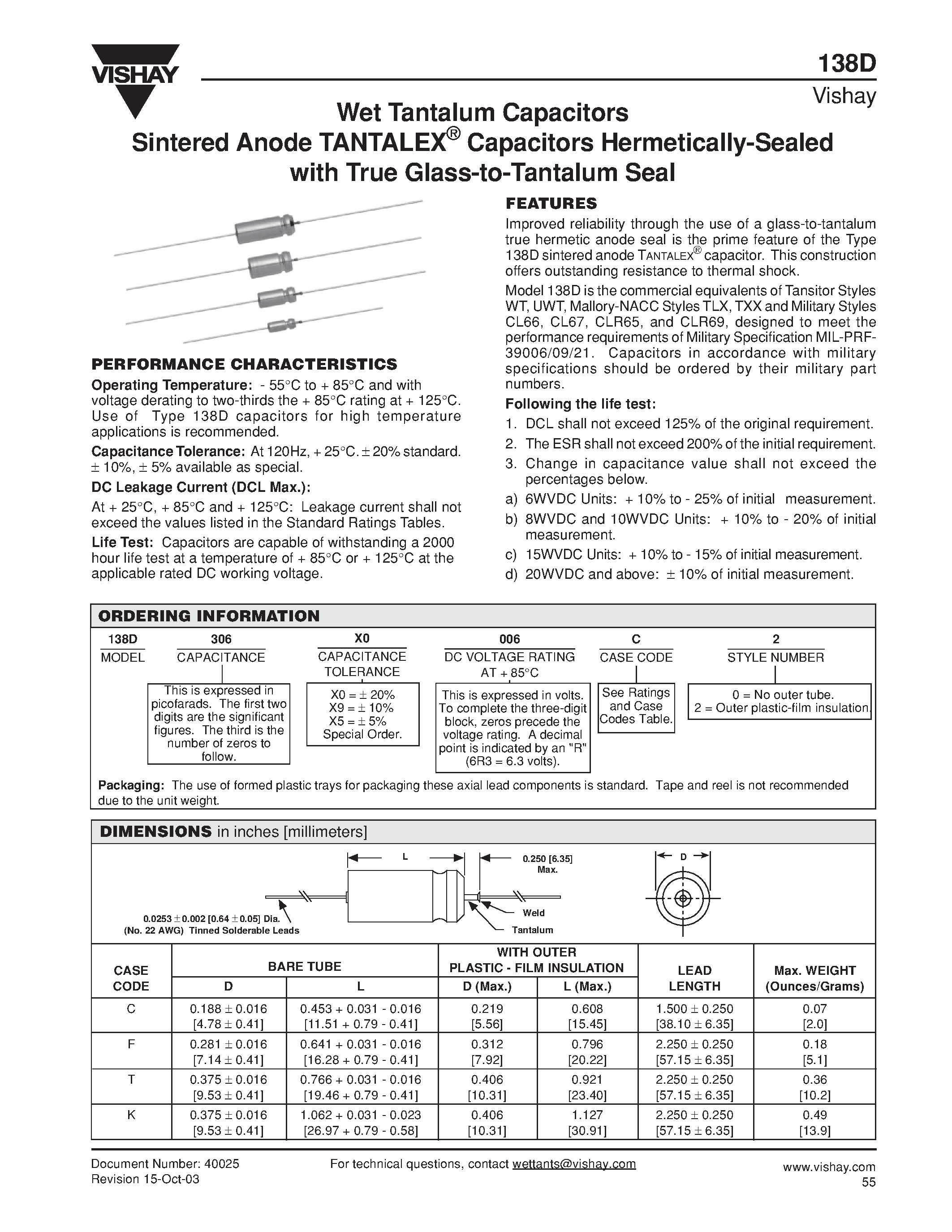 Datasheet 138D127X0015F2 - Wet Tantalum Capacitors Sintered Anode TANTALEX Capacitors Hermetically-Sealed with True Glass-to-Tantalum Seal page 1