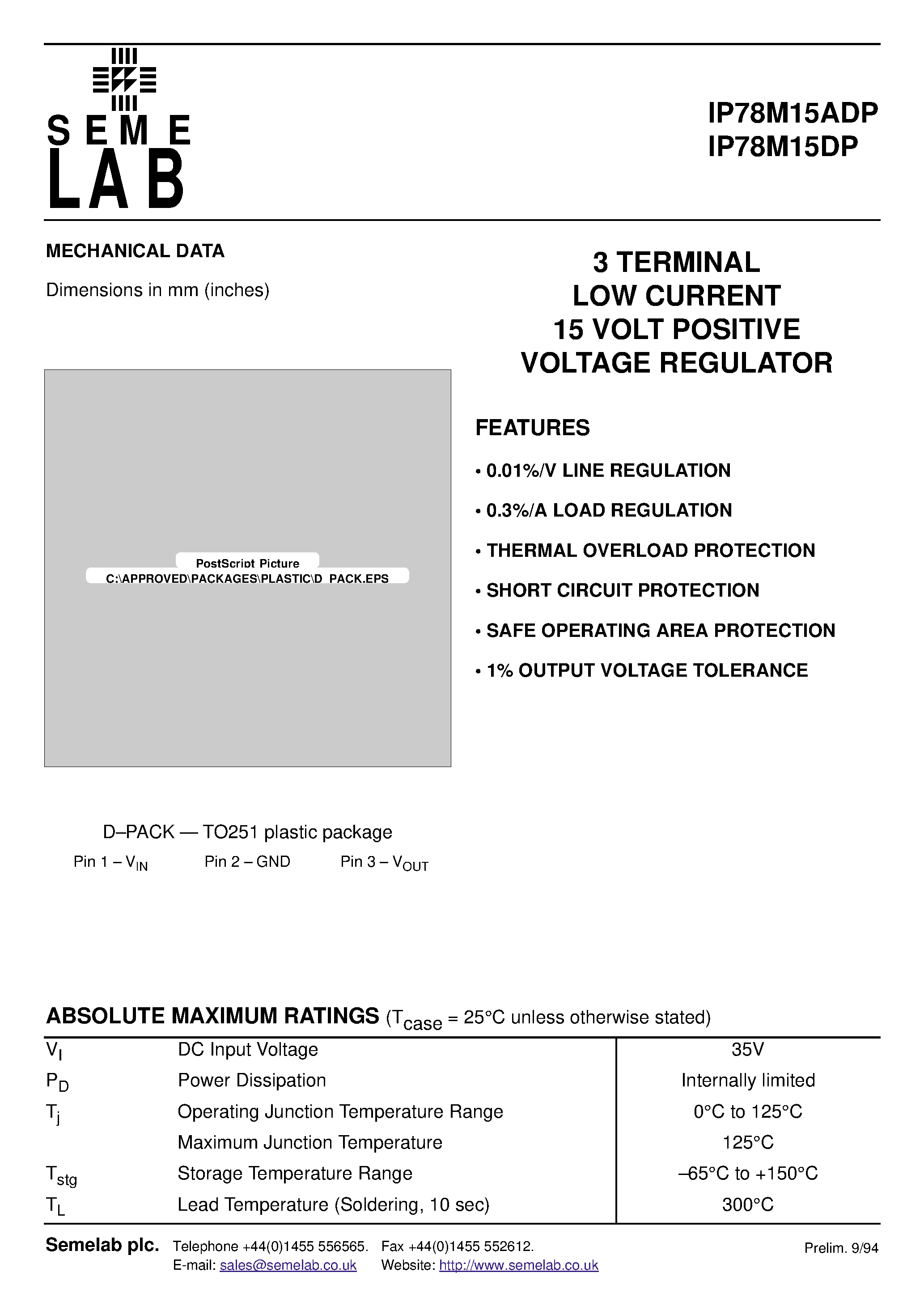 Datasheet IP78M15ADP - 3 TERMINAL LOW CURRENT 15 VOLT POSITIVE VOLTAGE REGULATOR page 1